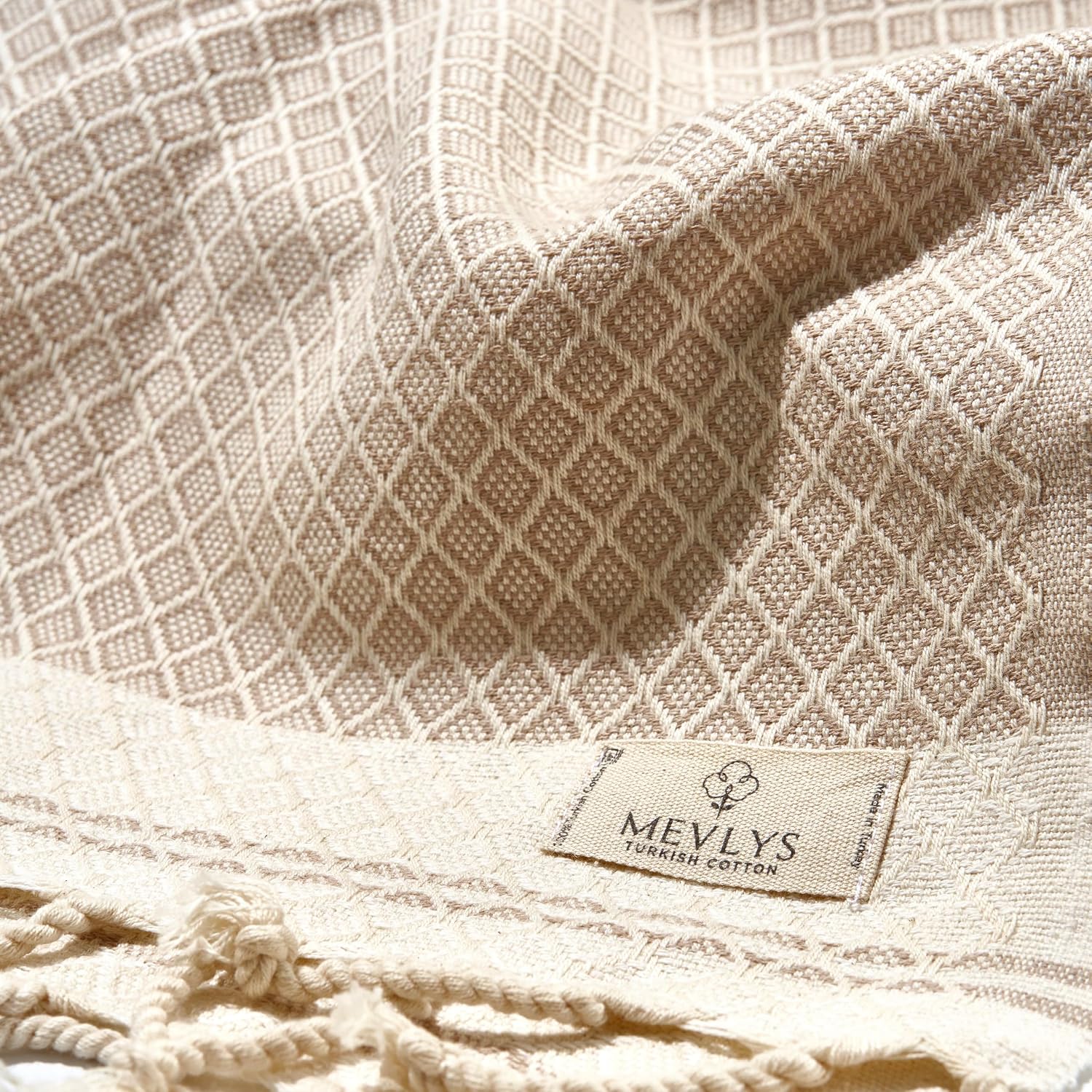 Detalle 2 de MEVLYS Saunatuch Hamamtuch 2er Set – 100x180 cm, Extra Leicht, Baumwolle, Petrol Blau/Pastellbeige