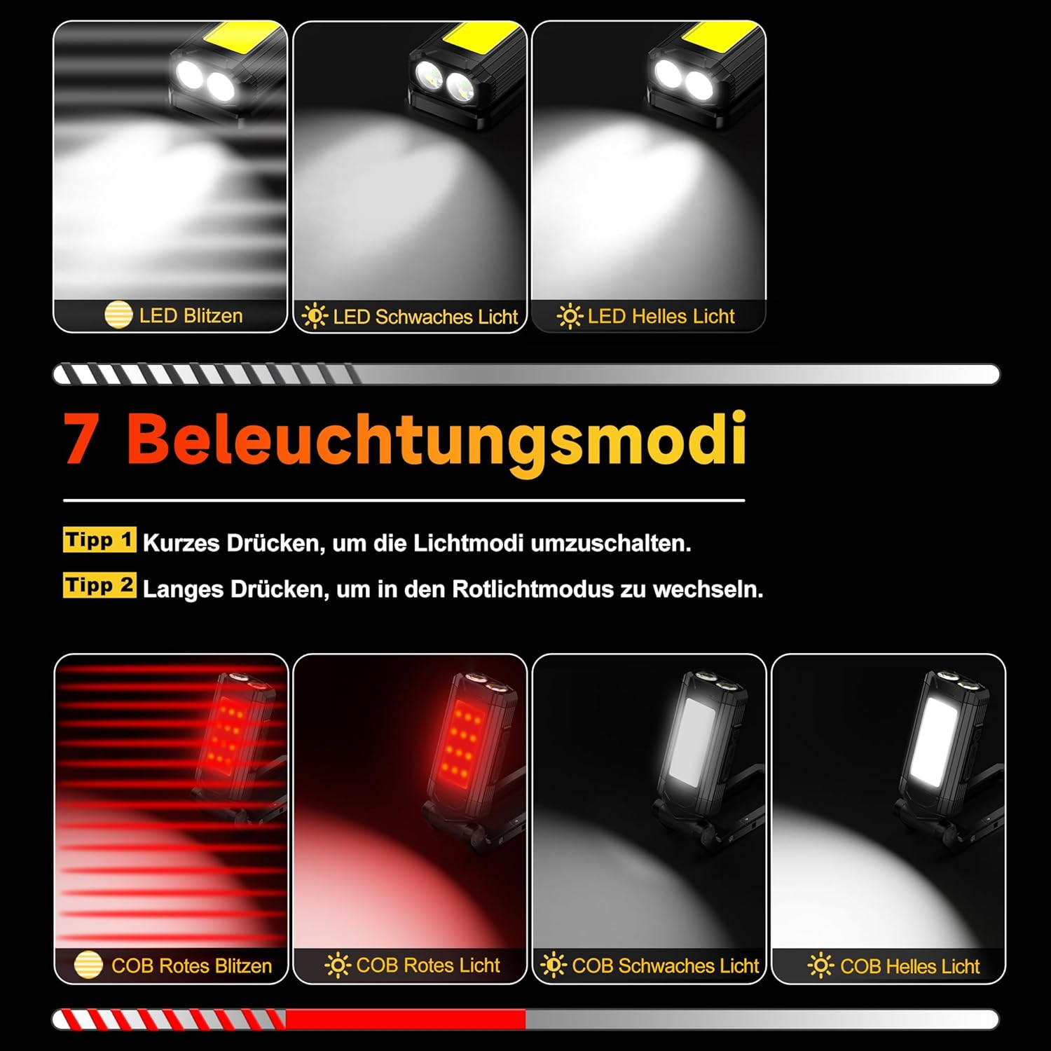 Thumbnail 1 de Daphomeu LED Taschenlampe mit Magnet – 2er-Set akkubetriebene COB-Arbeitsleuchte mit Schwenkfunktion