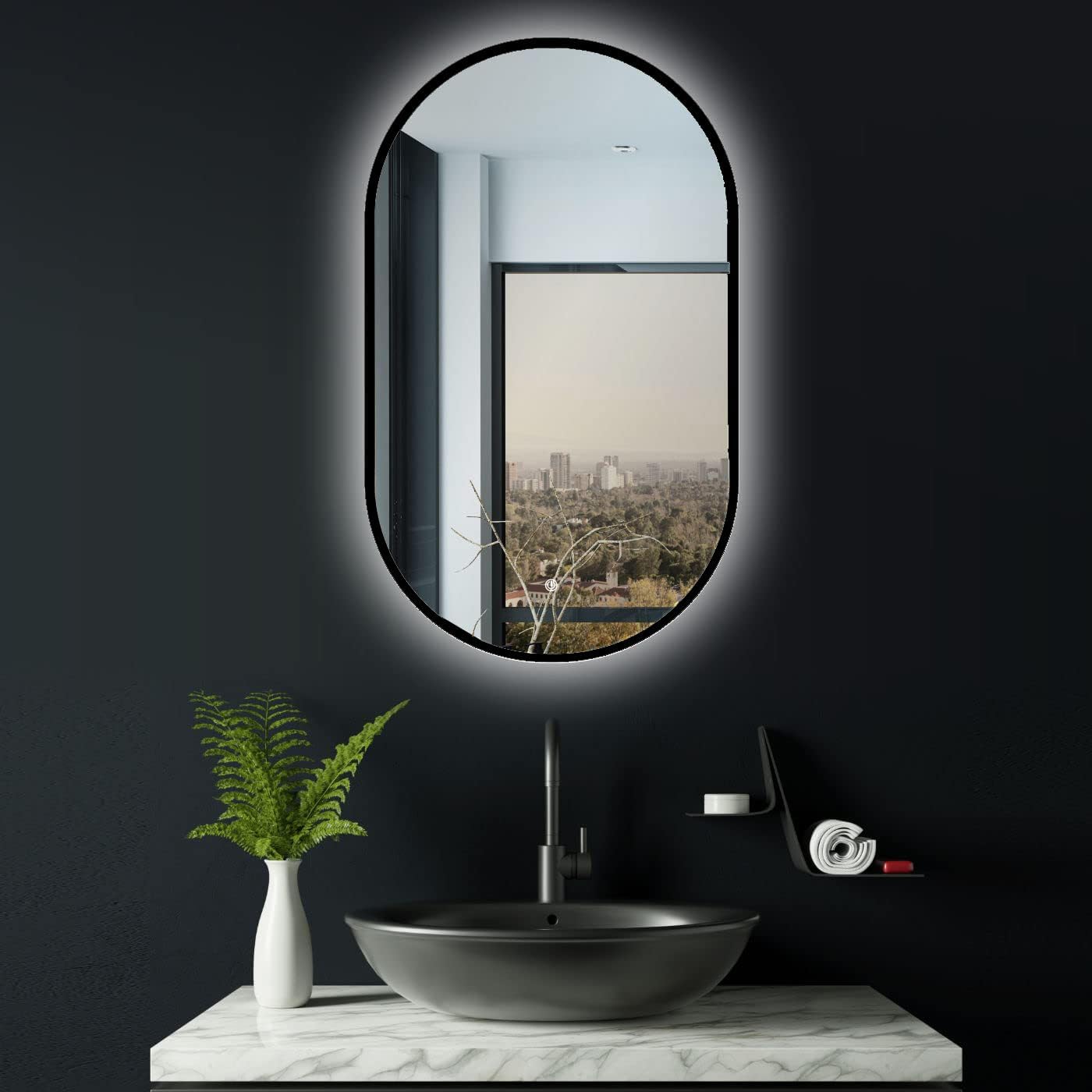 Detalle de ApeJoy Specchio da bagno ovale a LED 45x75 cm con cornice in metallo nero opaco