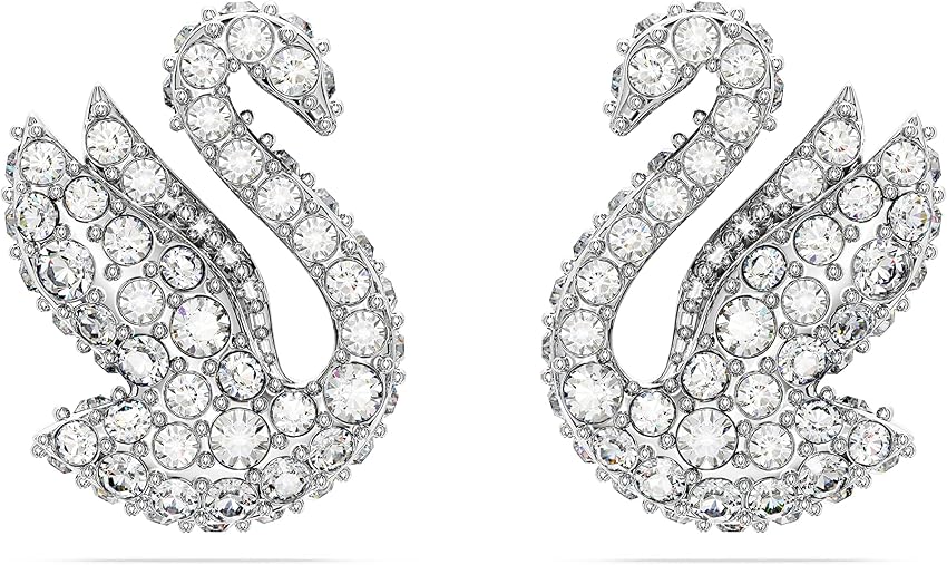 Detalle de Swarovski Iconic Swan pendientes botón blancos rodio