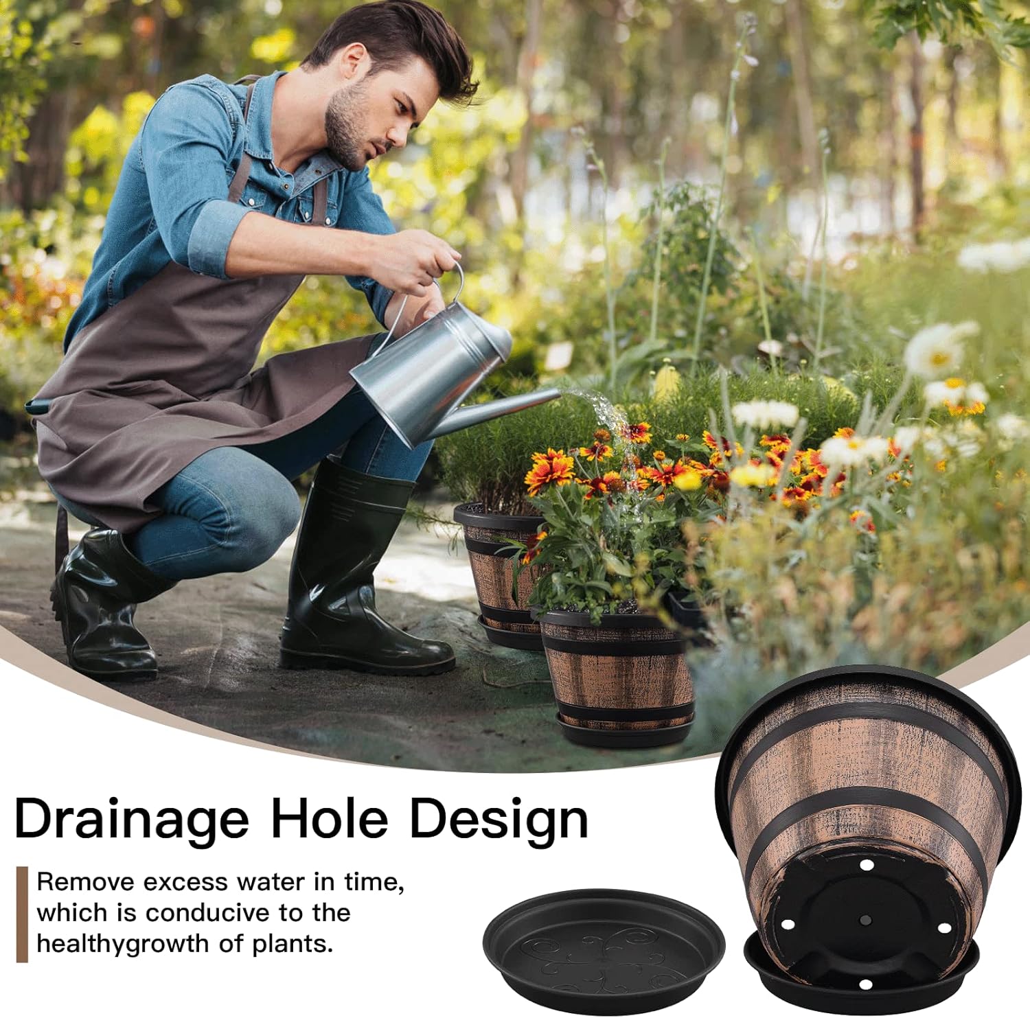 Thumbnail 2 de Quarut 3-Pack 10-Inch Whiskey Barrel Plant Pots (Brown) with Drainage Holes & Saucers
