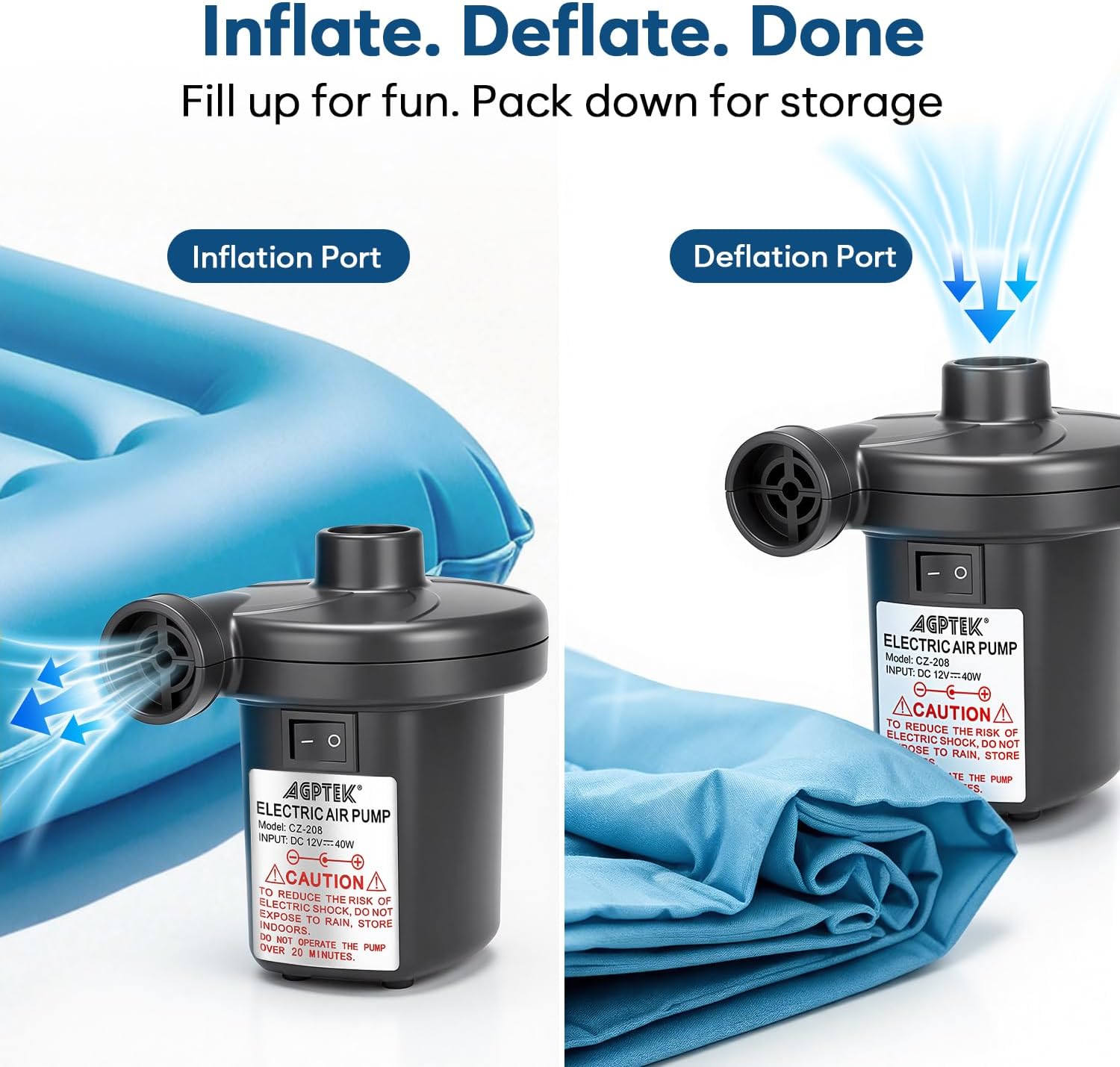 Detalle de AGPTEK Electric Air Pump: Portable 3-Nozzle Inflator/Deflator for Indoor & Outdoor Use