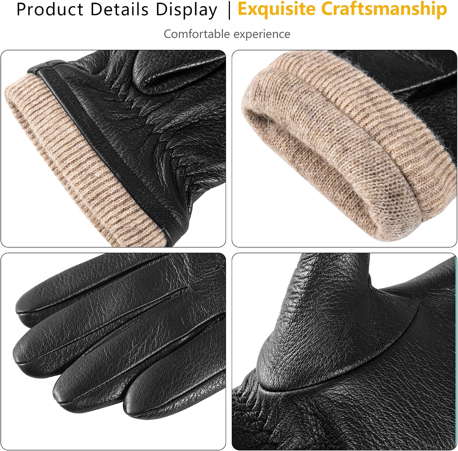 Detalle de Men’s Genuine Sheepskin Leather Gloves with Cashmere Lining and Touchscreen Use