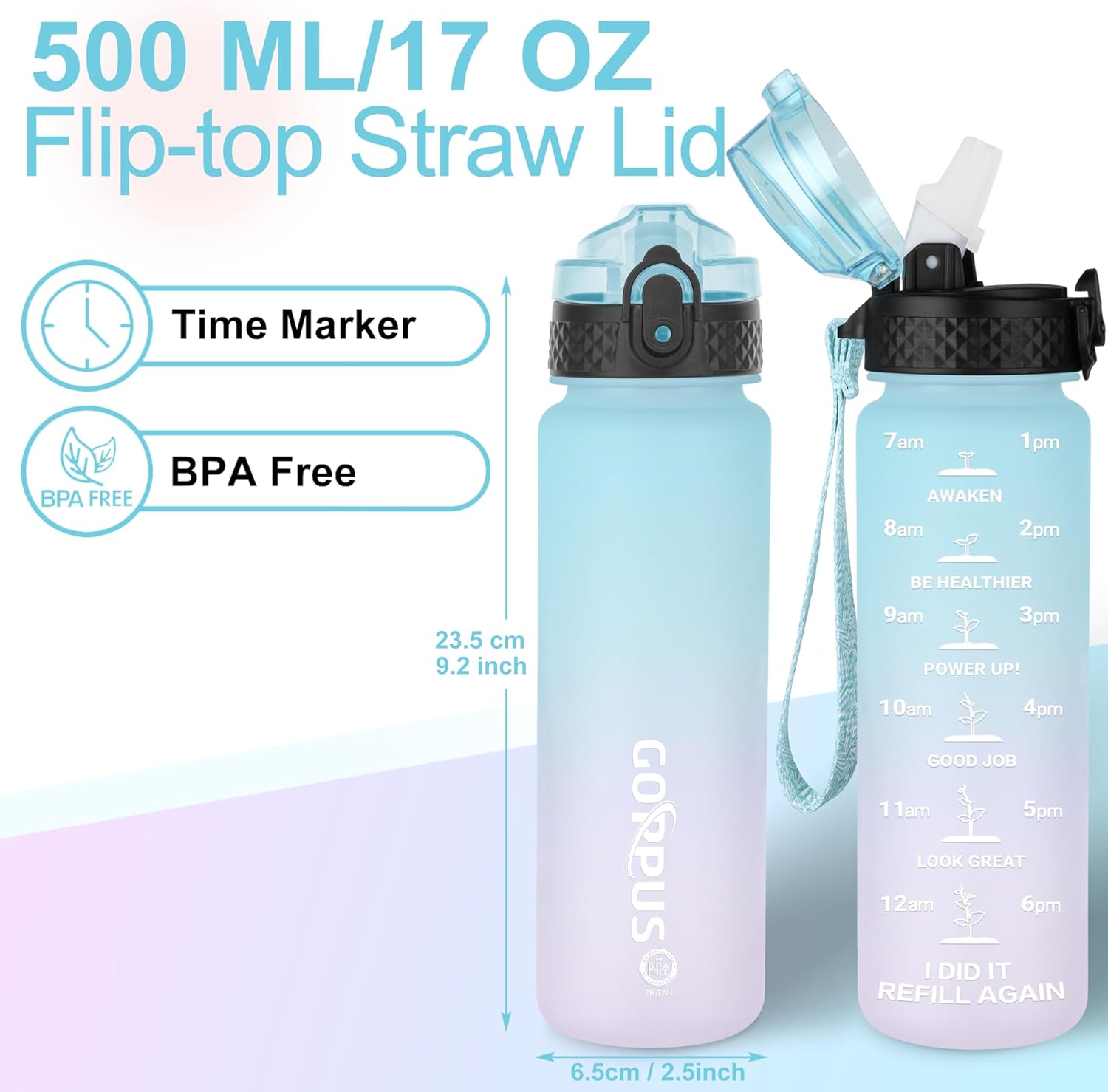 Thumbnail 1 de GOPPUS 500ml Kids Water Bottle with Straw – BPA Free Tritan, Flip Top Lid, Time Markings