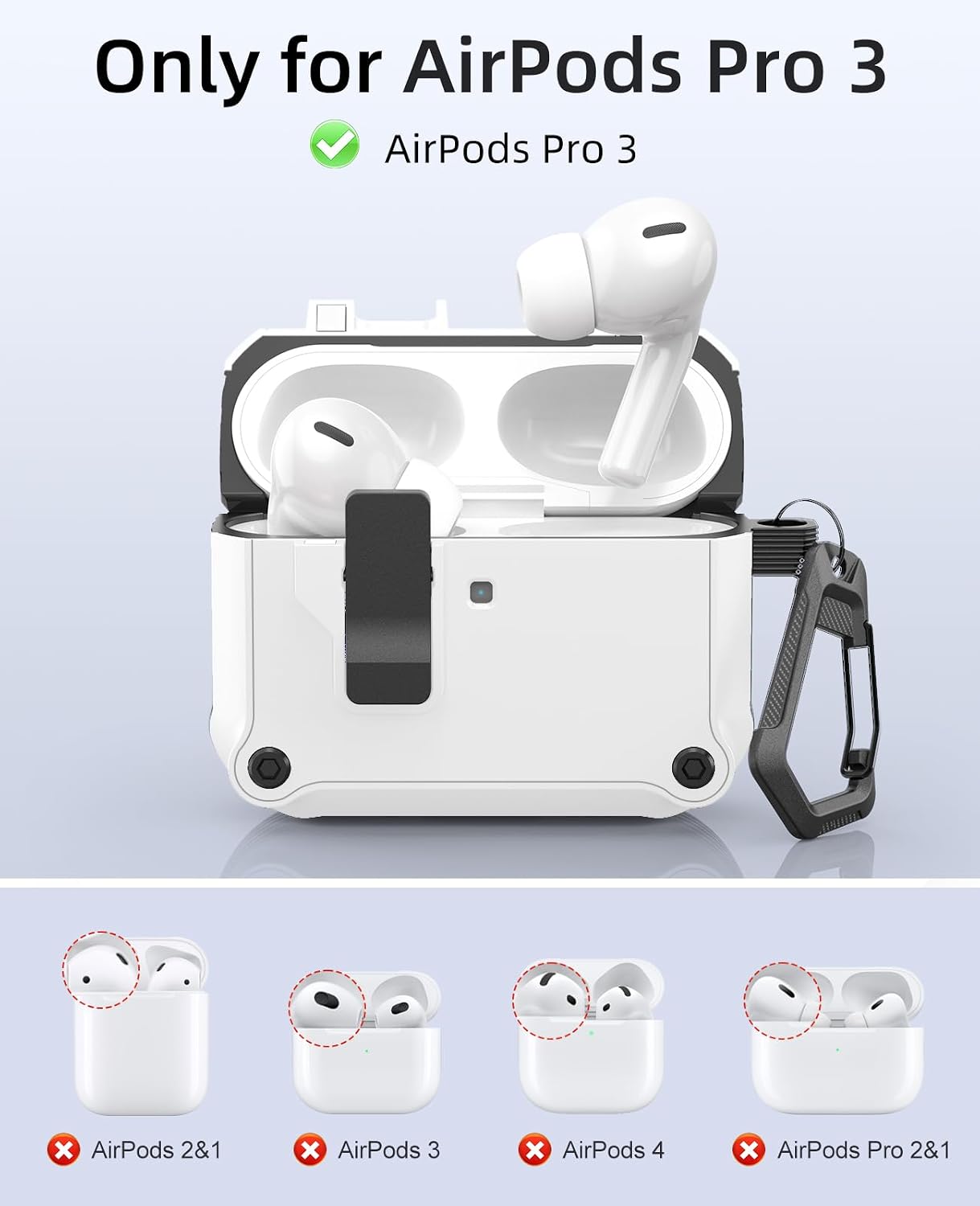 Detalle 2 de TiMOVO Hülle für AirPods Pro 3 (2025) – 360° Schutzcase mit Schnappverschluss, Kletterhaken und Reinigungsset (Weiß/Schwarz)