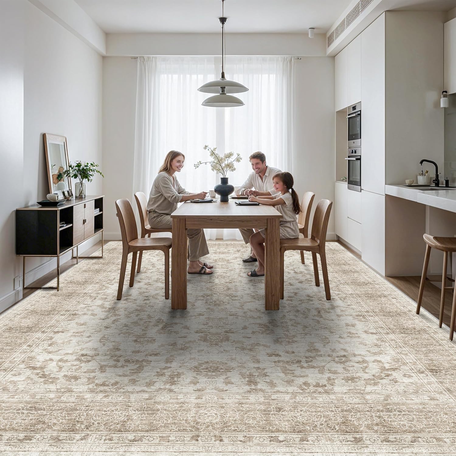 Thumbnail 2 de 12x15 Beige Brown Machine-Washable Vintage Area Rug with Non-Slip Rubber Backing