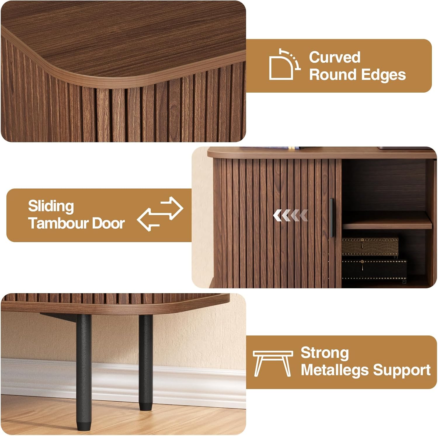 Thumbnail 4 de BonVache J1S0011 Fluted Sideboard Cabinet, Walnut, Sliding Doors