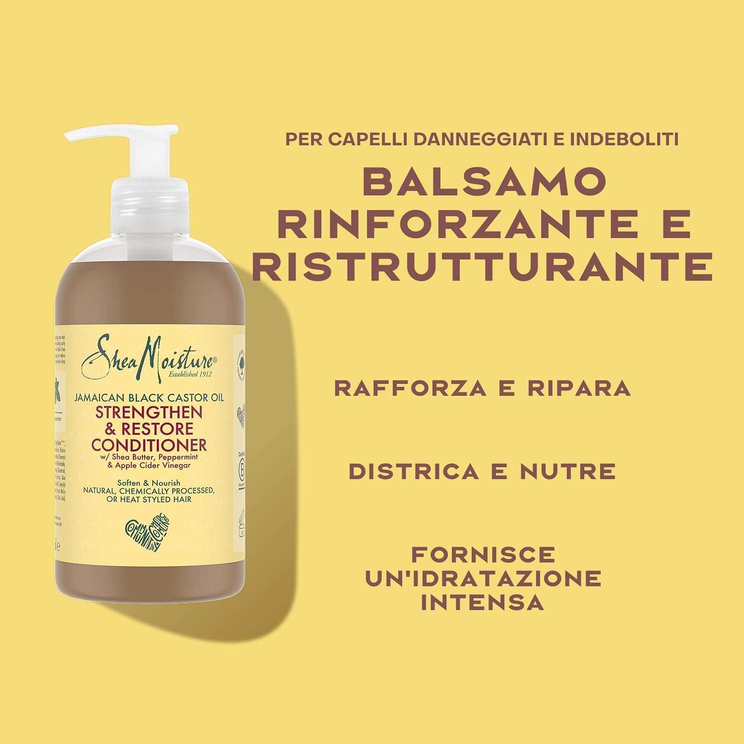 Detalle de Shea Moisture Strengthen & Restore Balsamo per capelli trattati e sfibrati con olio di ricino nero giamaicano e burro di karité, 384 ml