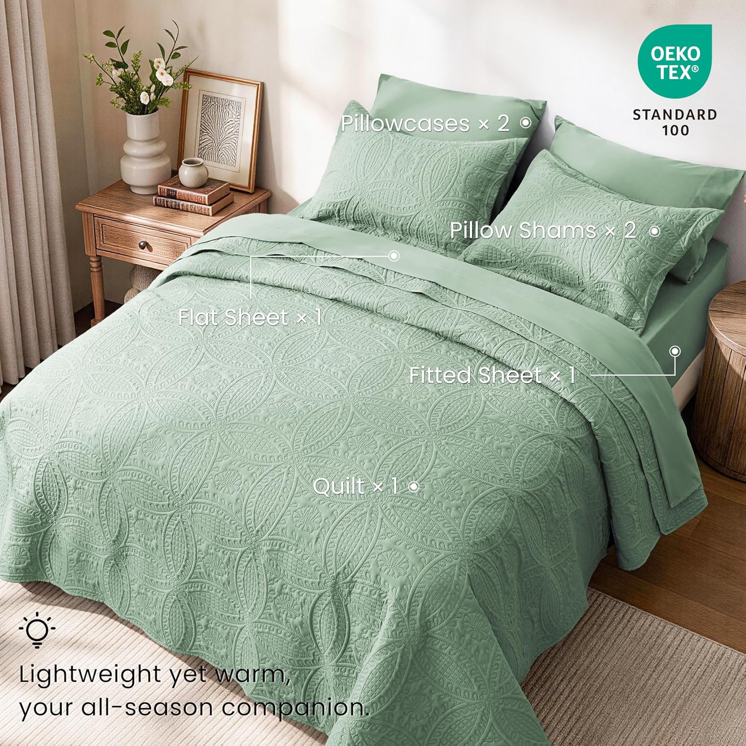 Thumbnail 1 de Love's cabin Queen Bedding in a Bag Set (Salvia) – 7-Piece Quilt Comforter with Ultrasonic Embossing