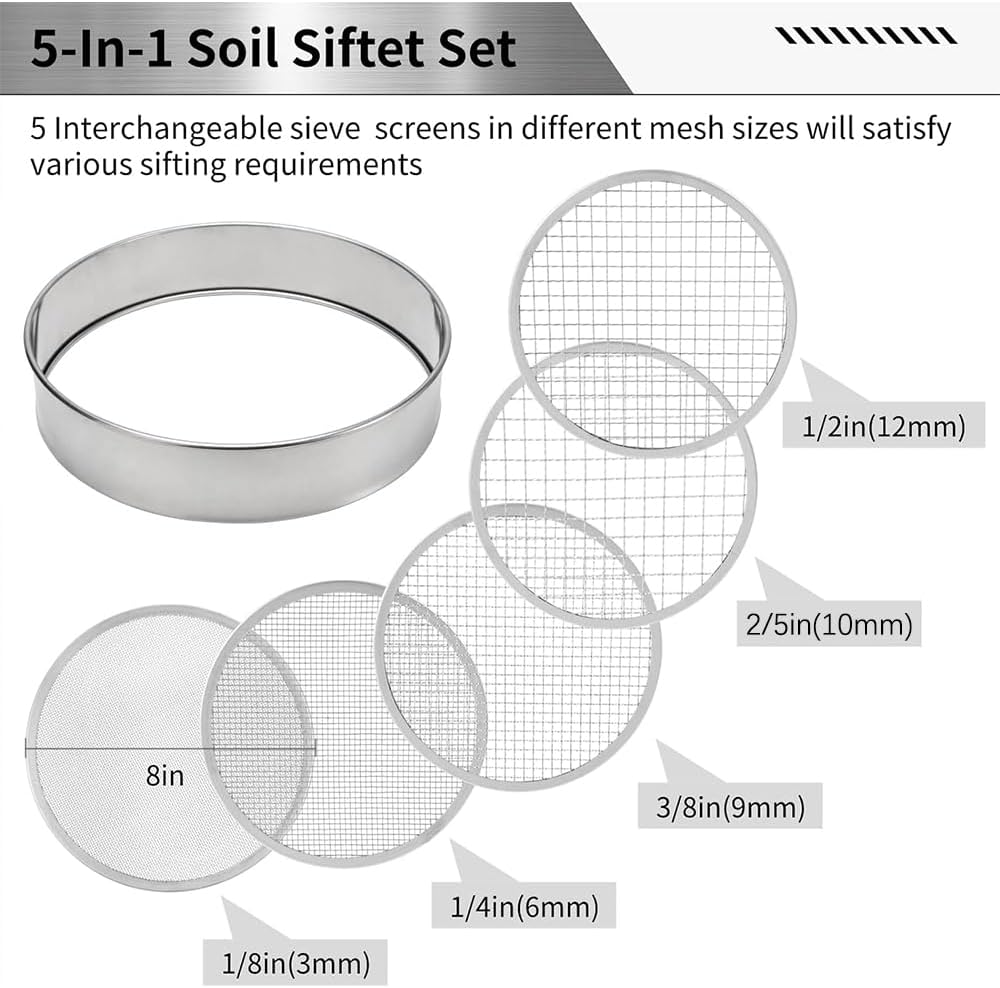 Detalle de Rundes Gartensieb Edelstahl 20 cm (5-in-1) mit 5 Siebeinsätzen 3–12 mm, Schaufel, Pflanzenetiketten & Handschuhen