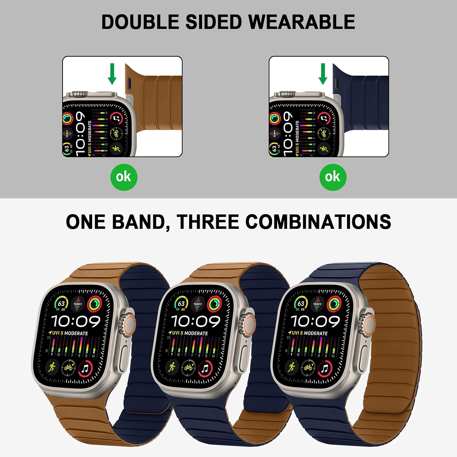 Detalle de Tasikar Double Sided Magnetic Silicone Strap for Apple Watch (42–38mm) – Brown Indigo