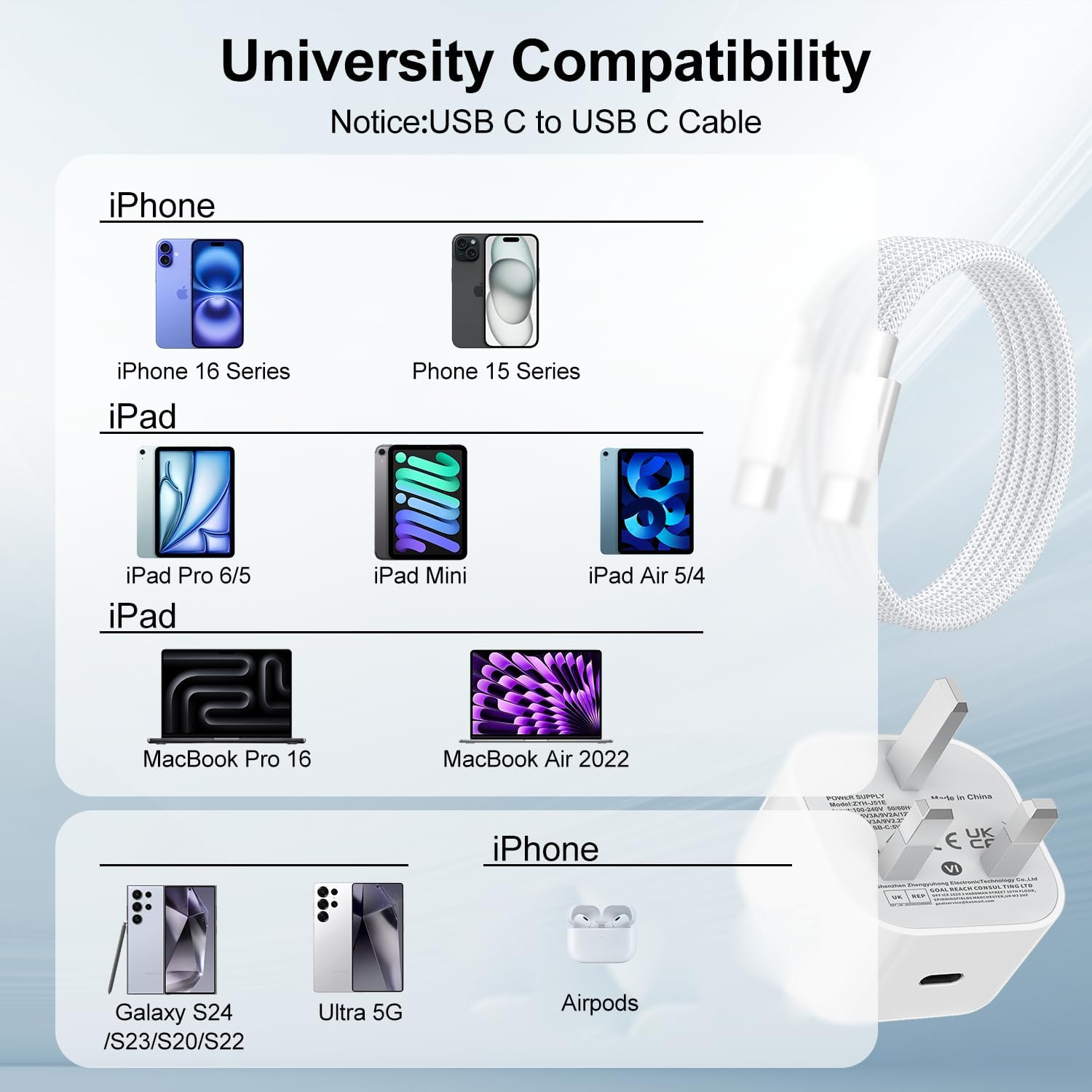 Thumbnail 5 de 20W USB‑C Fast Charger Plug with 3m Nylon USB‑C Cable for iPhone 17/16/15 Pro, Air, and iPad (UK)
