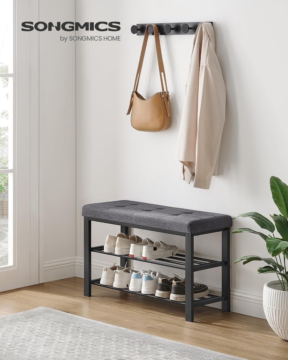 Detalle de Songmics Shoe Bench 3-Tier - 80 x 31 x 49 cm, LBS57GYZ, grigio scuro/nero