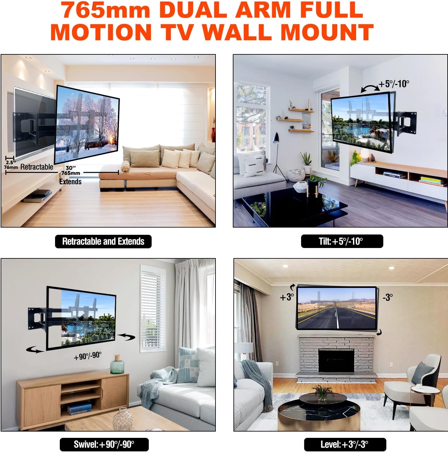Detalle 2 de WHYFONE WF9456 TV Wall Bracket for 50–90 Inch TVs, 765mm Dual Arms