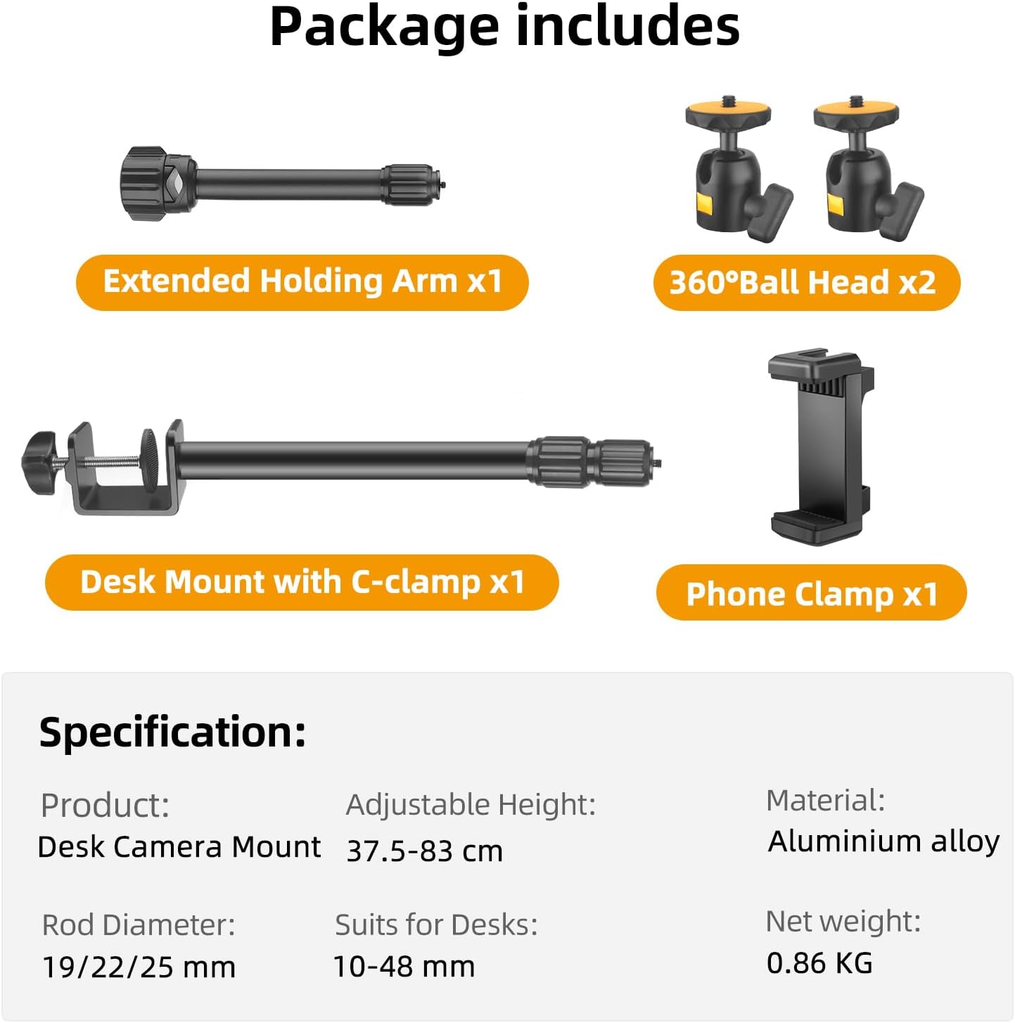 Detalle 2 de JEBUTU OS03 Overhead Camera Mount with Adjustable Desk Clamp & 360° Ball Heads