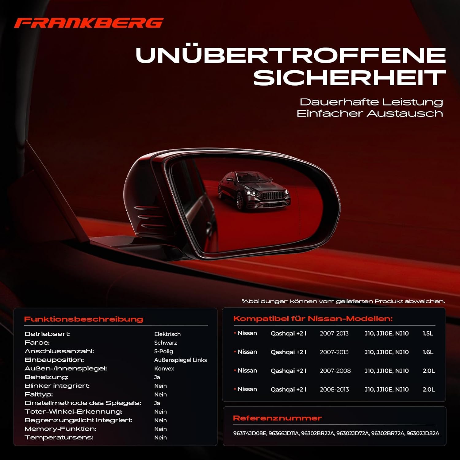 Detalle de Frankberg Elektrischer Außenspiegel links – beheizbar, 5-polig, kompatibel mit Qashqai +2 (2007–2013) Replace# 96374JD08E