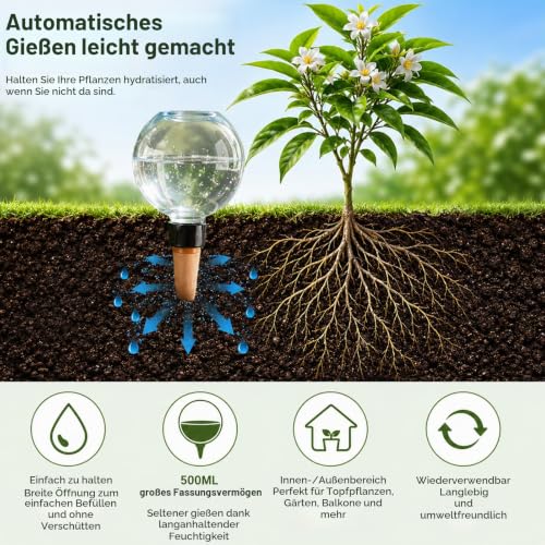Detalle 2 de XIANJIA 6er Set Bewässerungskugeln für Pflanzen – automatische Selbstbewässerung (500 ml pro Kugel)