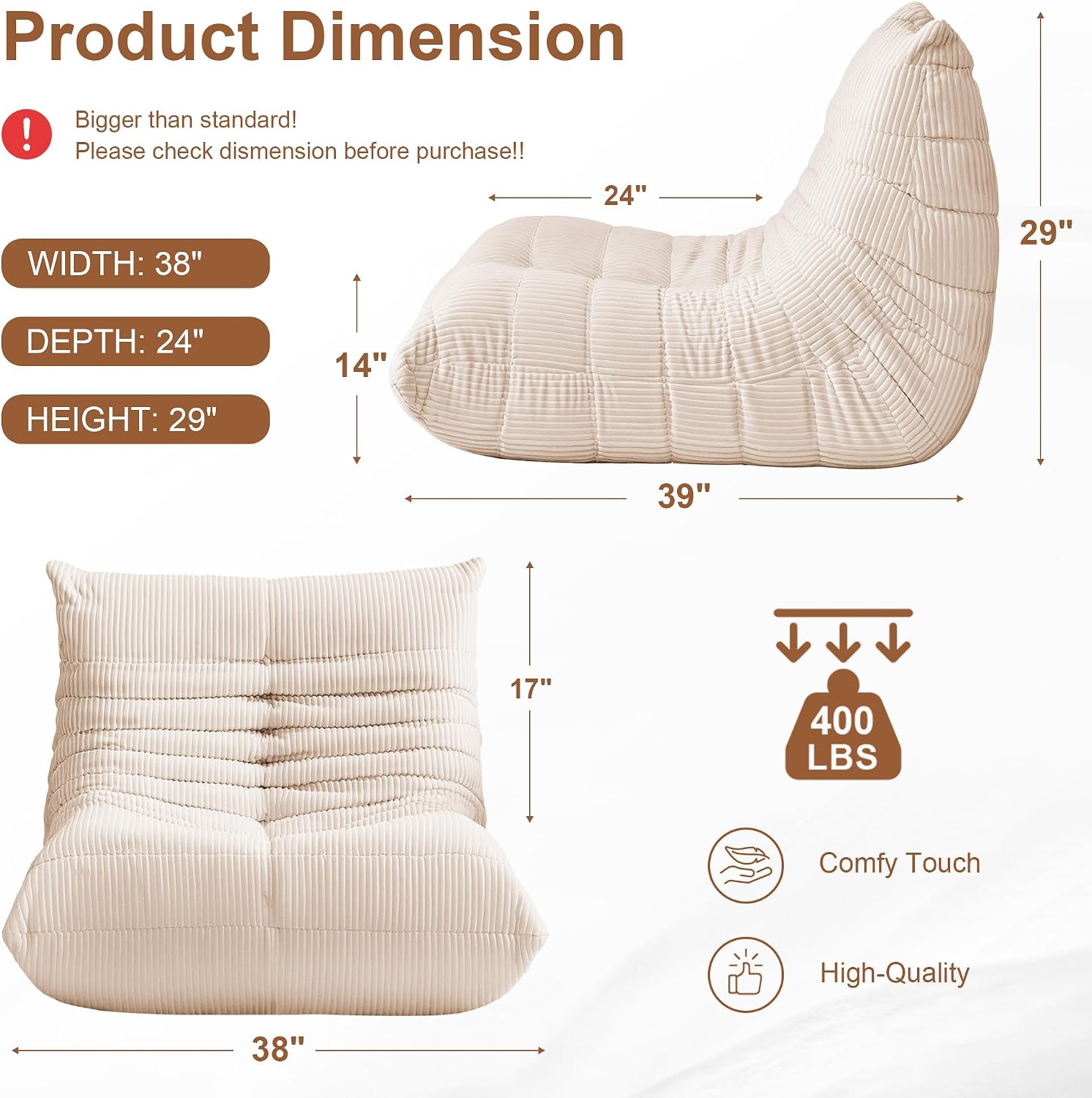 Detalle 2 de ZOOVEE BBC Adult Bean Bag Chair, Oversized Corduroy with Memory Foam, Beige