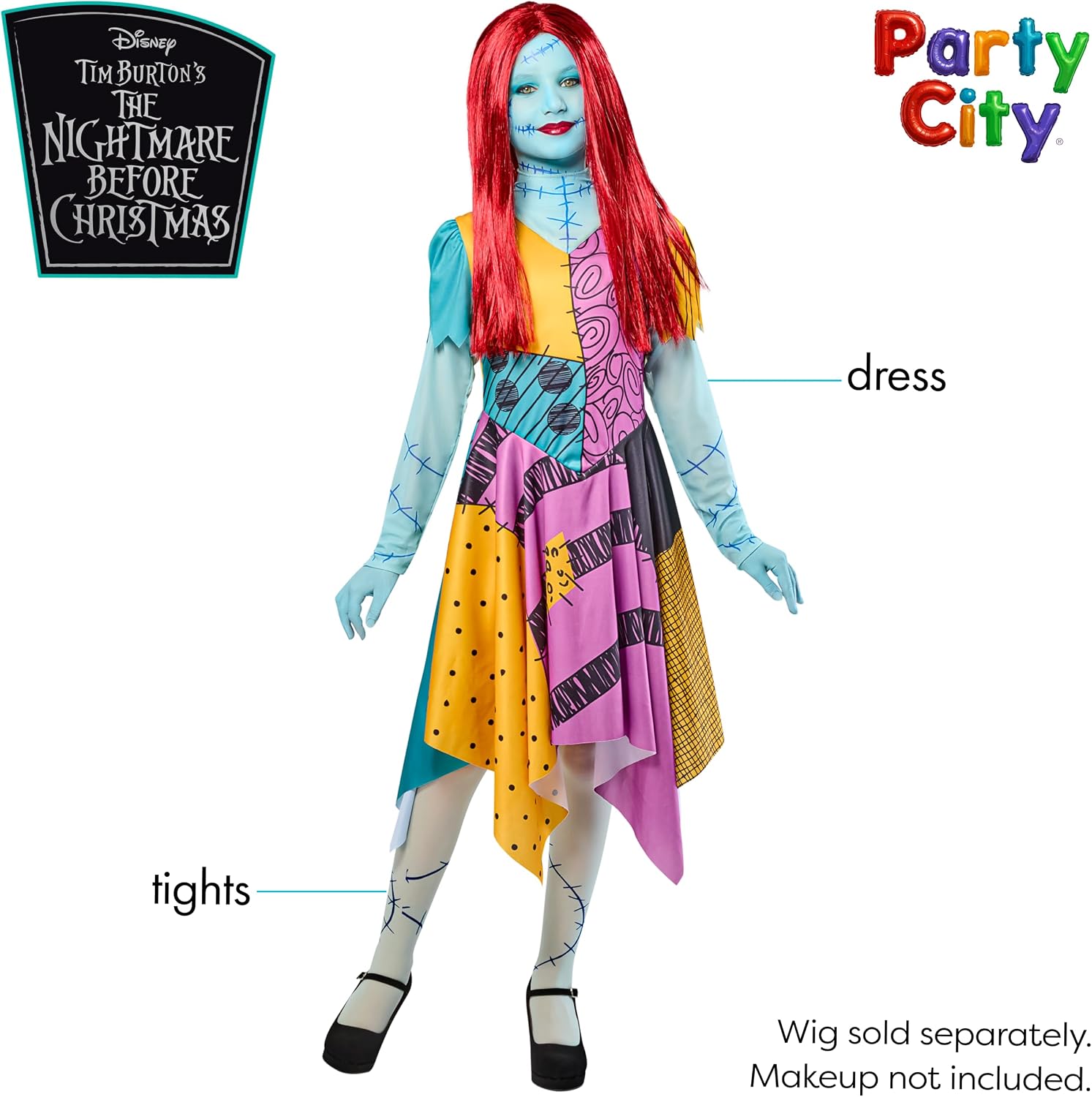 Detalle de Party City Sally Costume Dress for Kids, Printed Tights, Size Small (6/7)