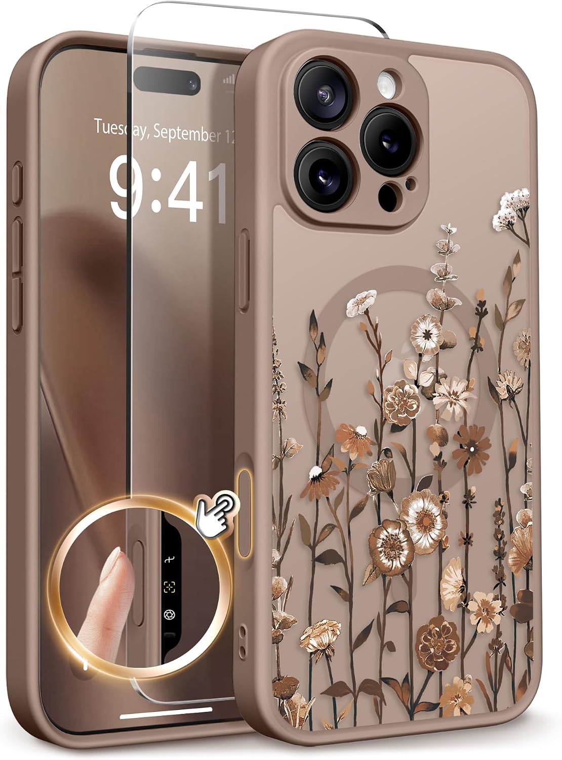 GVIEWIN iPhone 16 Pro Max Case with MagSafe and Full Camera Protection (Floratopia/Brown)