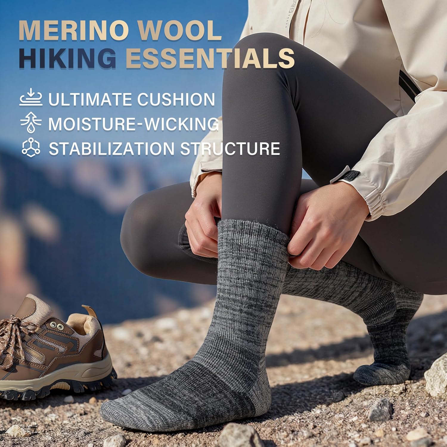 Detalle 2 de ANTSANG Merino Wool Hiking Socks, Full-Cushion Crew, Arch and Calf Support, 4 Pairs