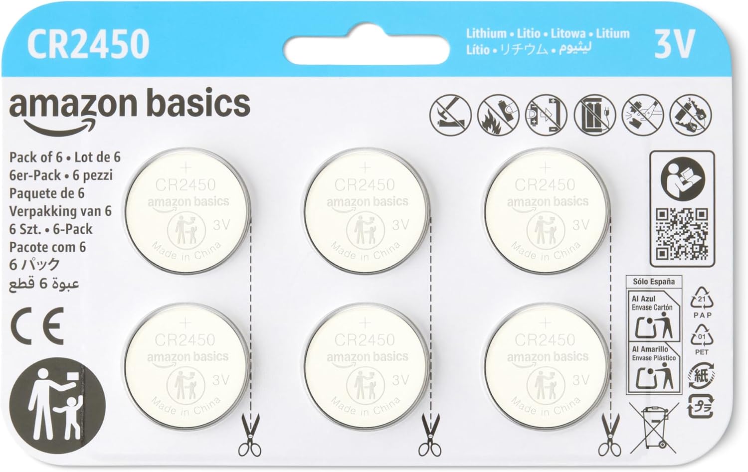 Detalle de Amazon Basics Lot de 6 Piles bouton CR2450 au lithium 3 V — longue durée et sans mercure