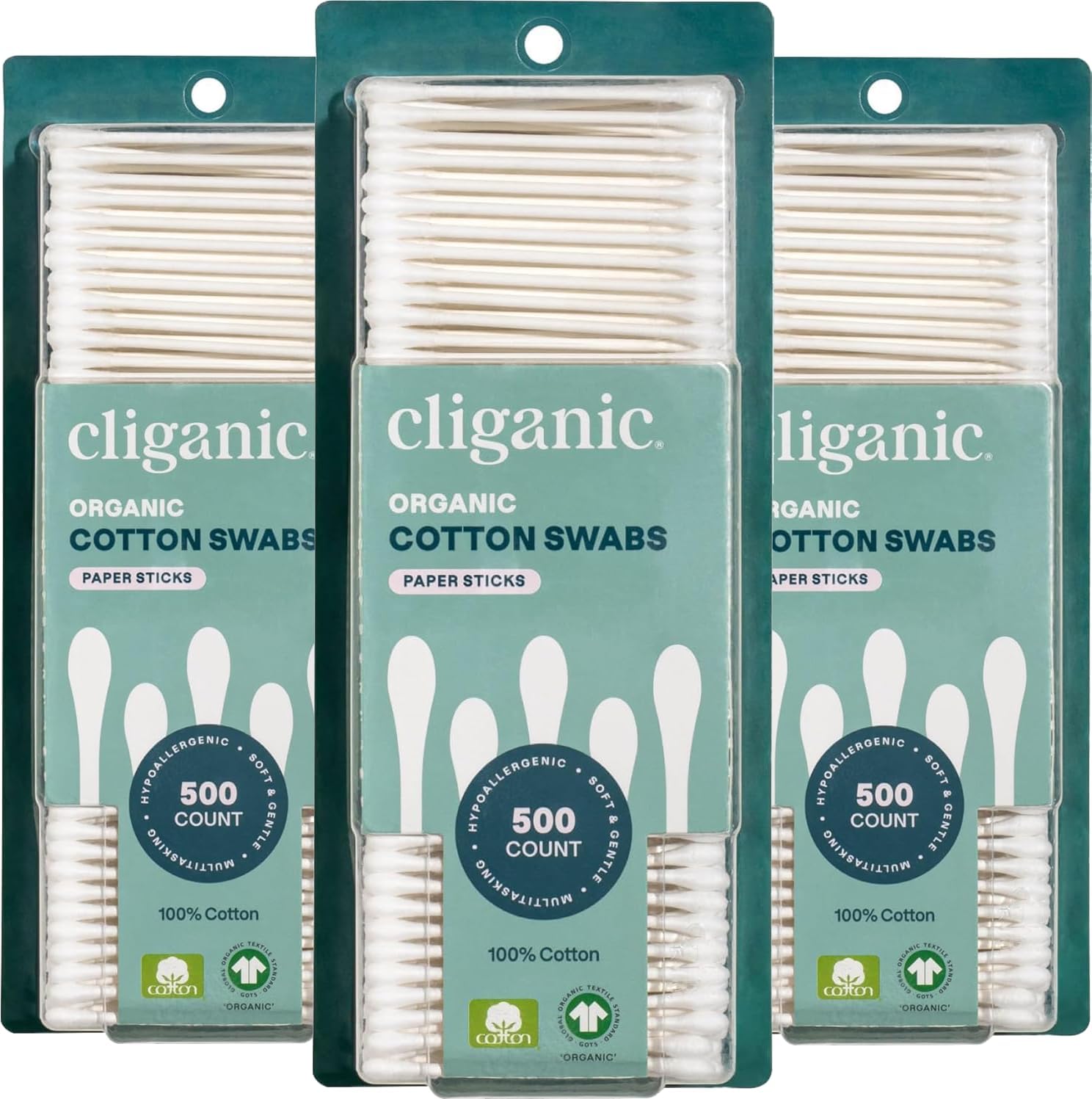 Detalle de Cliganic Organic Cotton Swabs, 500 Count: 100% Pure Cotton, Chlorine-Free, Gentle & Absorbent