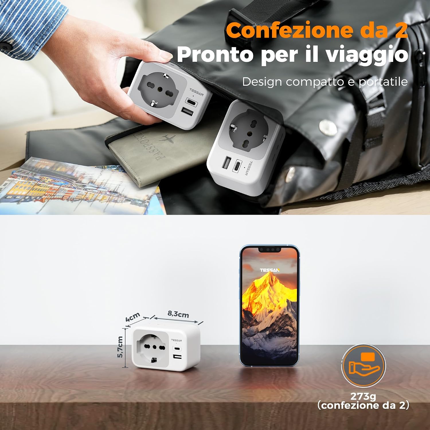 Thumbnail 5 de Adattatore Presa Americana Italiana 5 in 1 in Pack da 2 — USB-C e USB-A, 1875 W, uso internazionale