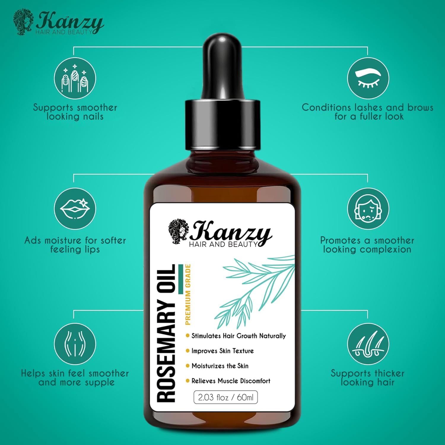 Detalle de KANZY HAIR AND BEAUTY RM rozemarijnolie 60 ml met druppelaar