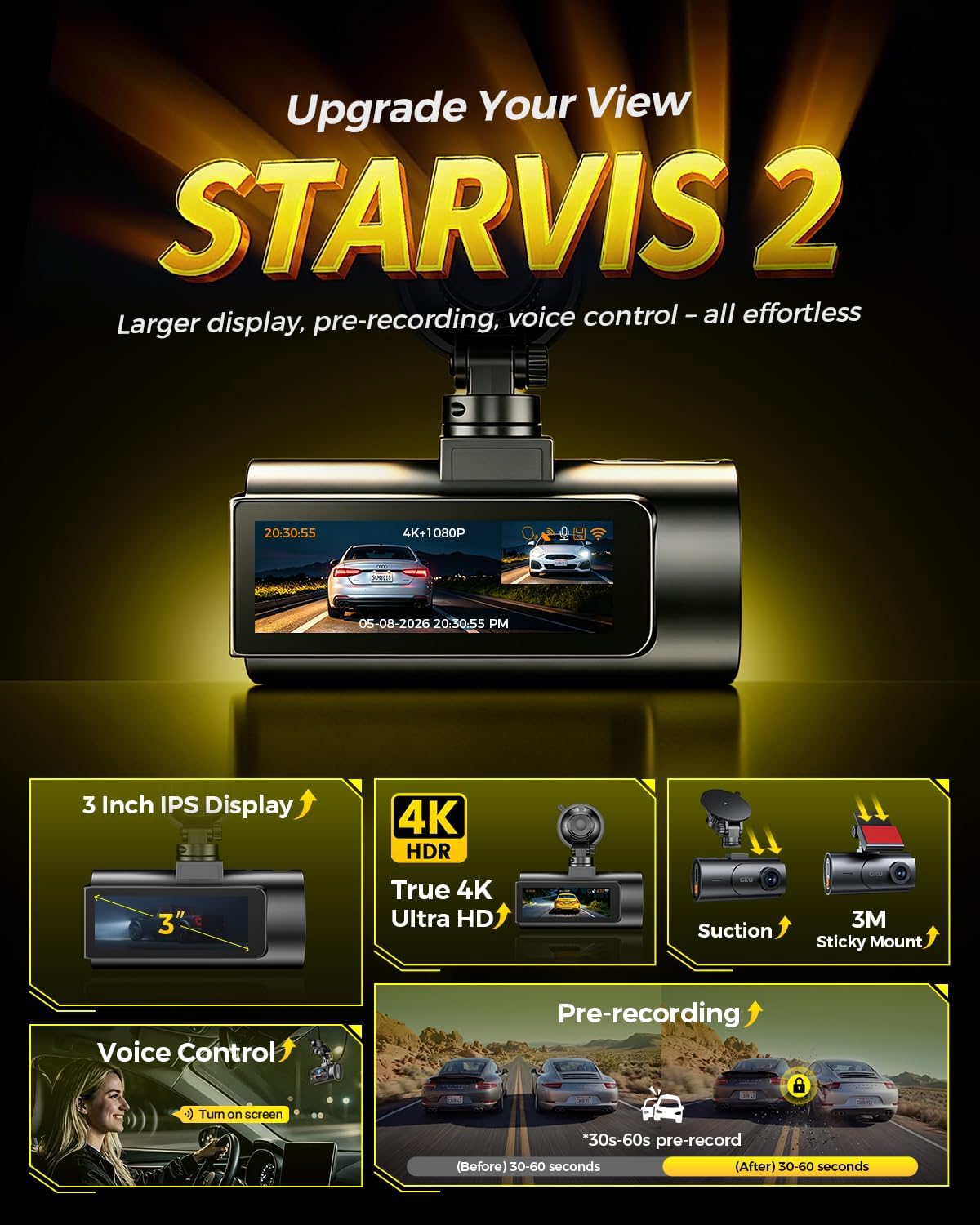Thumbnail 1 de GKU 4K Dual Dash Cam Front and Rear with STARVIS 2 Sensor