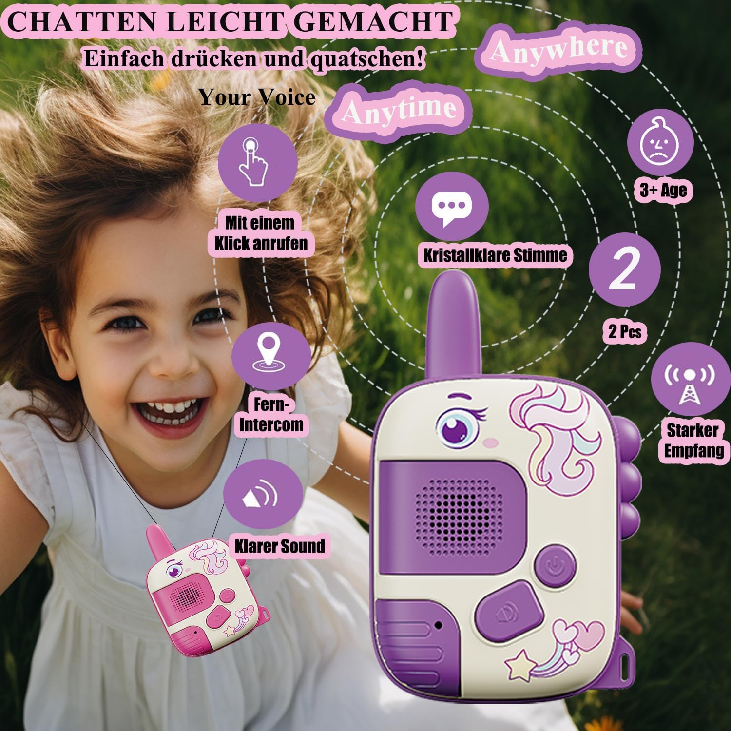 Detalle de Kinder-Walkie-Talkies (ab 3–8 Jahren) mit Einhorn-Design – robustes Spielzeug für Outdoor-Abenteuer