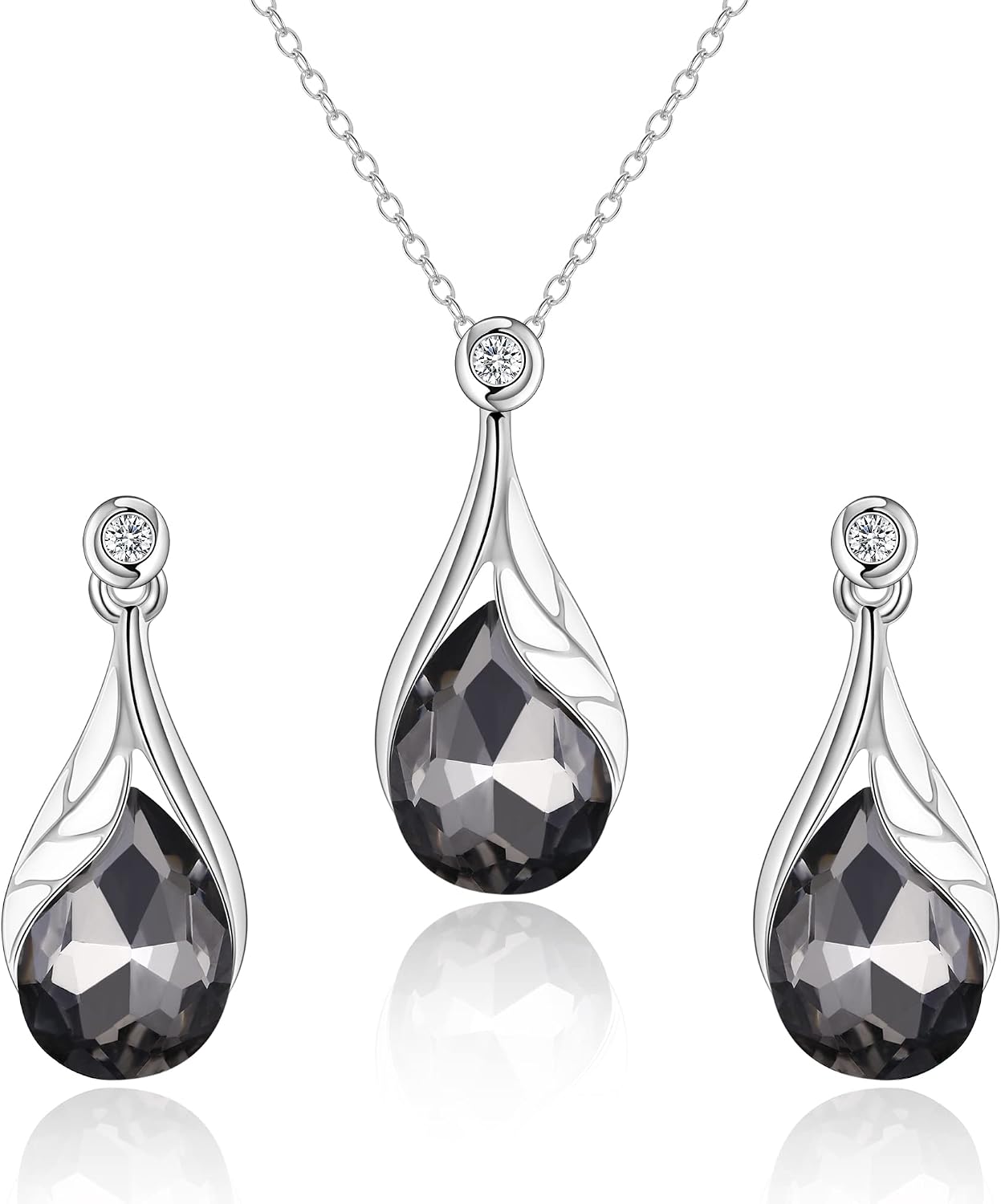 Detalle de Parure bijoux de mariage Clearine : collier goutte d’eau, boucles d’oreilles feuille, émail, cristal autrichien et strass