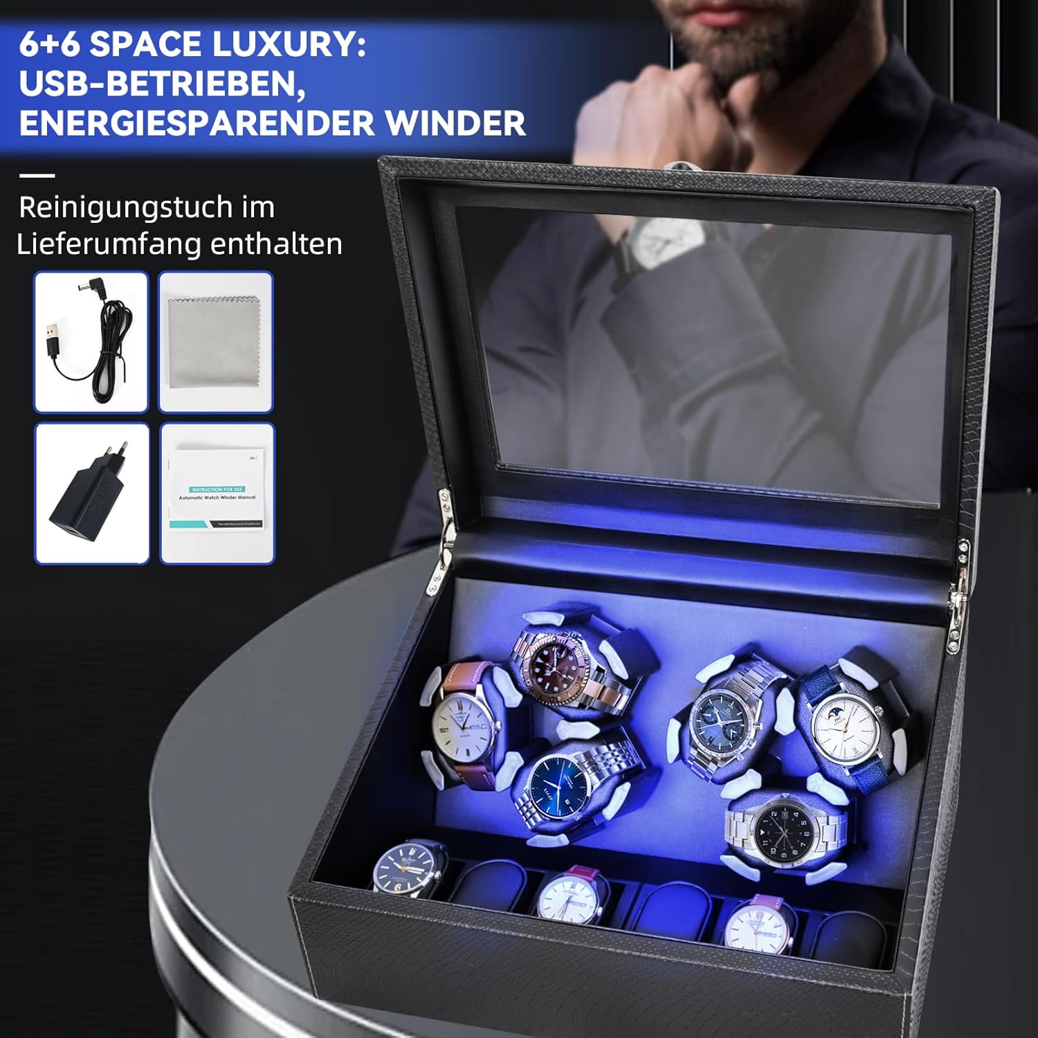 Thumbnail 6 de hightall Automatik-Uhrenbeweger für 6+6 Uhren – ultraleiser Motor, Anti-Kratz Memory Foam & stabile Basis