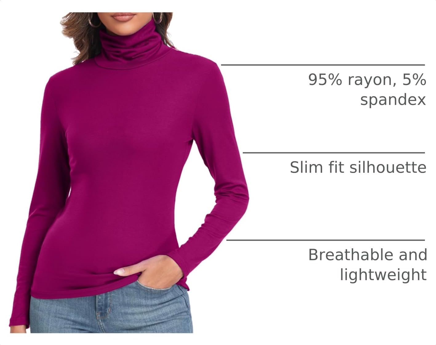 Detalle 2 de Qaffier Women's Lightweight Slim-Fit Turtleneck Base Layer Top
