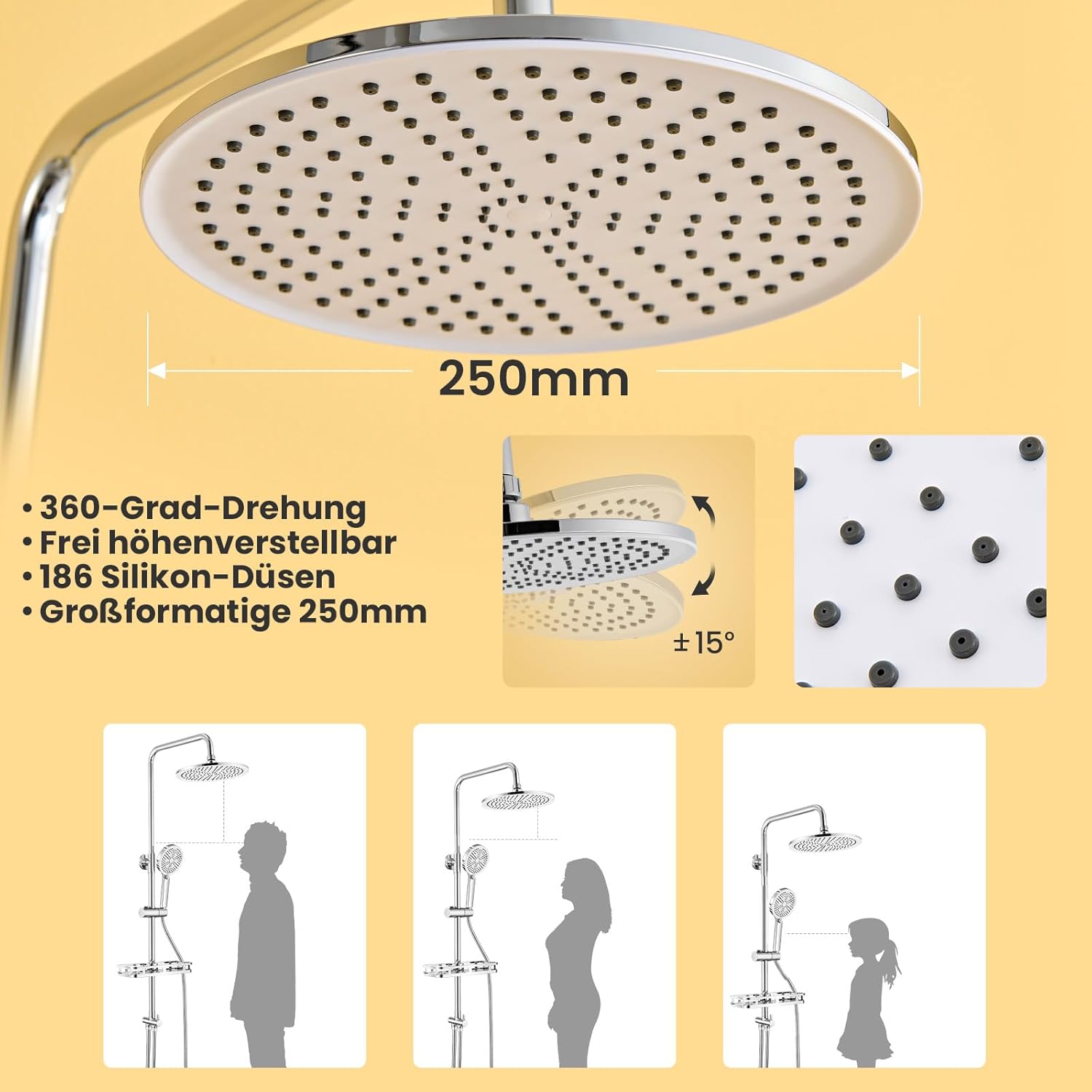 Thumbnail 5 de AuraLum Auralum Regendusche ohne Armatur – Edelstahl-Duschsystem mit Ø250-mm-Überkopfbrause, Messing-Wasserteiler und Bohrfrei-Regal (Chrom)