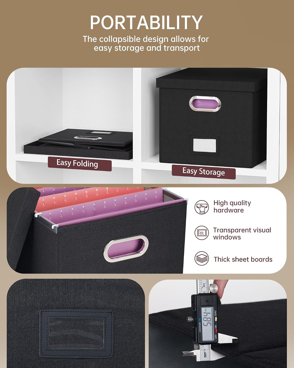 Detalle de Oterri AM03118 File Organizer, Foldable Black Linen Box for Letter and Legal Files