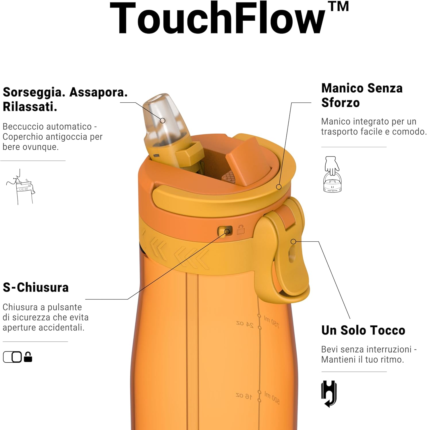 Thumbnail 1 de Sparrow Borraccia TouchFlow 500 ml / 750 ml / 1 L – Borraccia sportiva senza BPA con tappo a pulsante e beccuccio in silicone