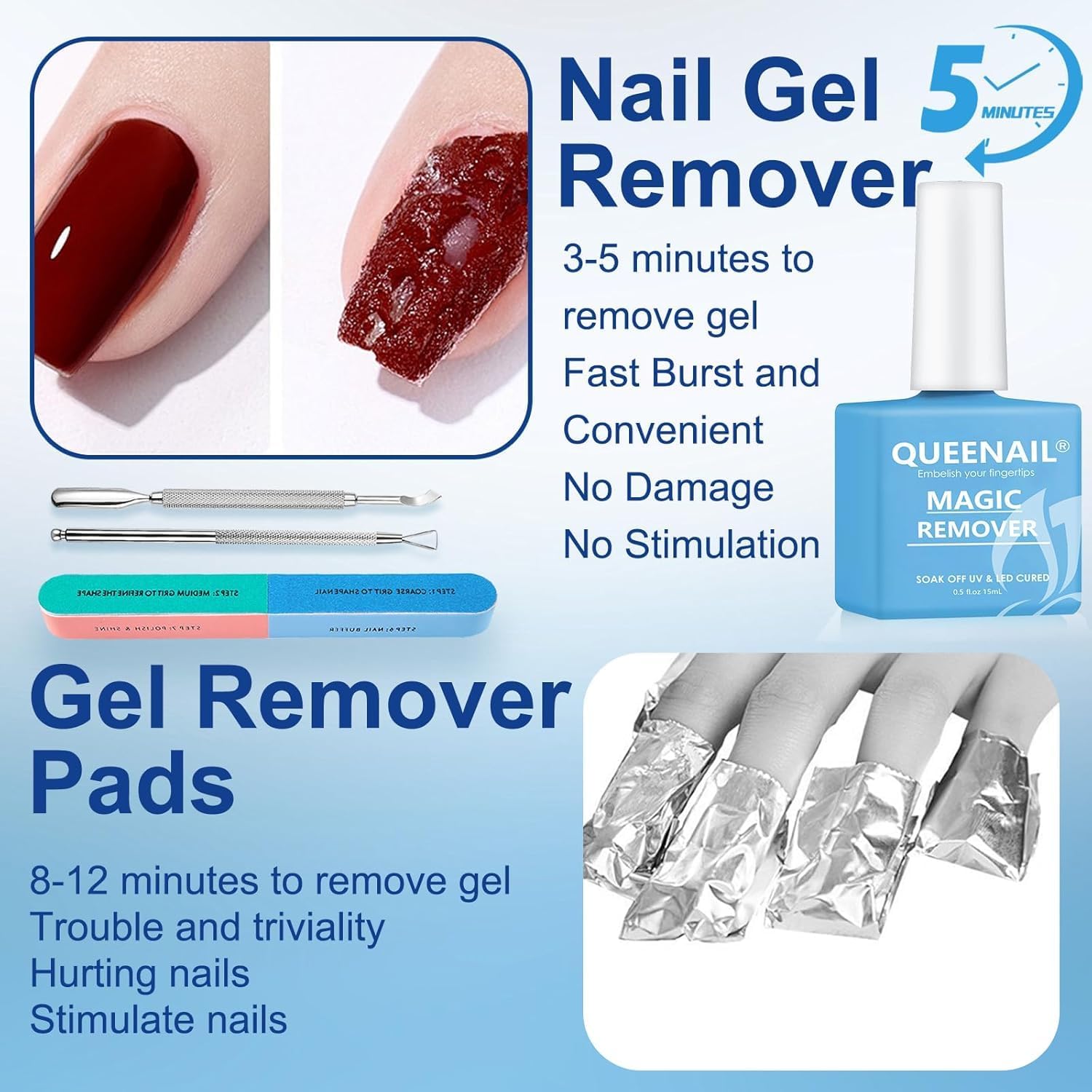 Detalle de Aubeifou Magic Nagellackentferner-Set (2x15 ml) zum Entfernen von Gellack – mit Hautschieber & Nagelschaber