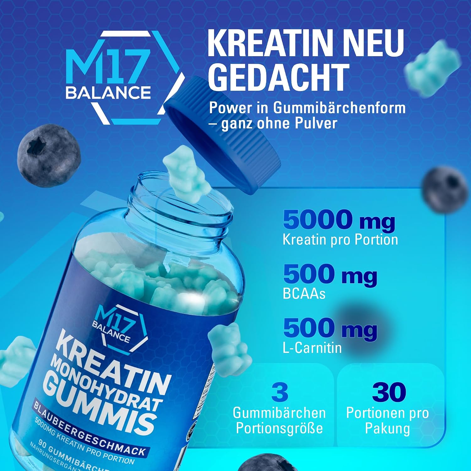 Thumbnail 1 de Creatin Monohydrat Gummibärchen (5000 mg) mit BCAAs & L-Carnitin – zuckerfrei, vegan, glutenfrei, 30 Portionen