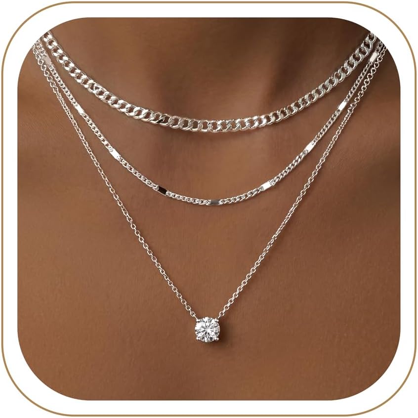 Detalle de WomenGifts Layered Necklace Set with Cuban Choker and CZ Pendant