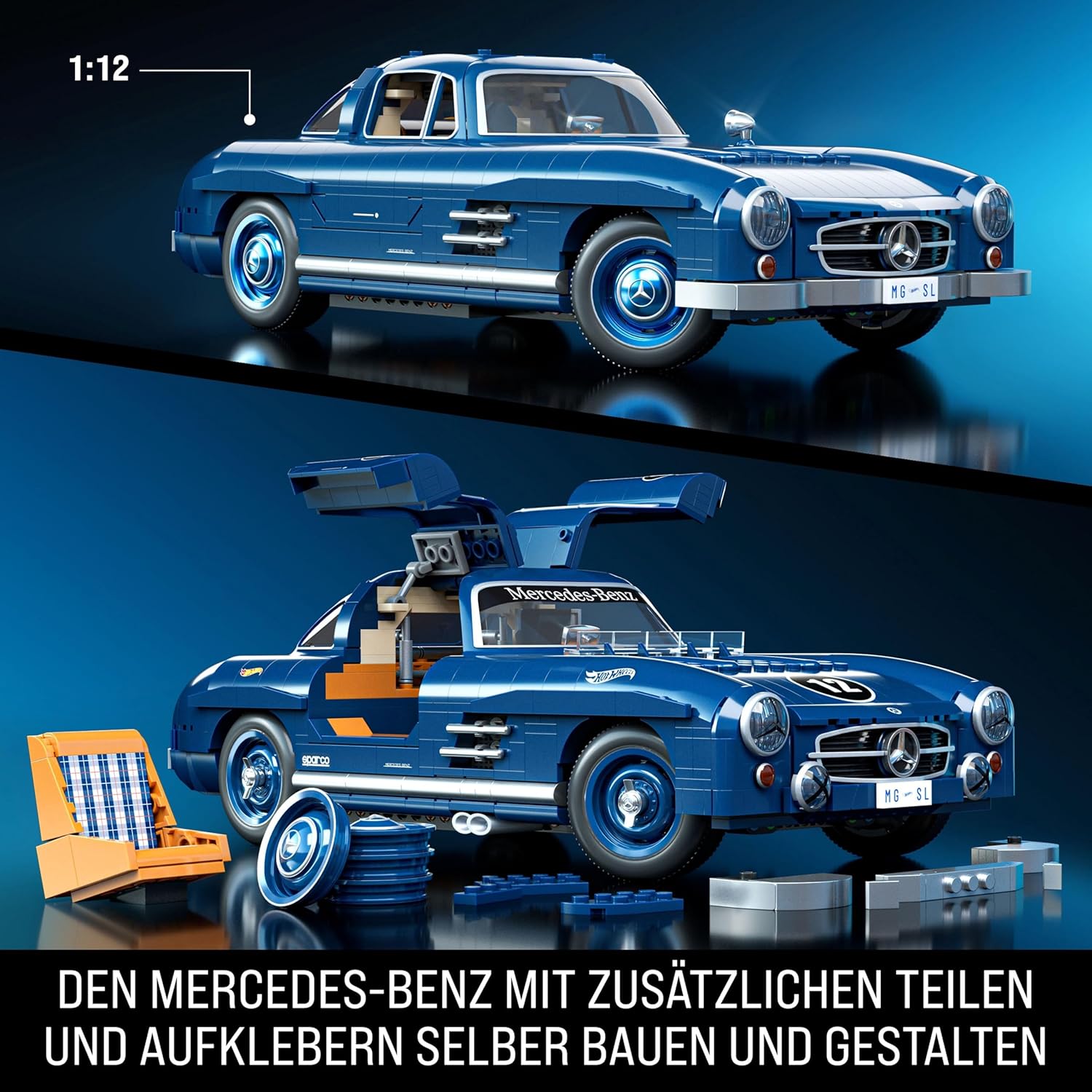 Thumbnail 2 de Mattel Brick Shop Hot Wheels Premium Serie – Mercedes-Benz 300 SL, 1:12, 1600 Teile (HWW25)
