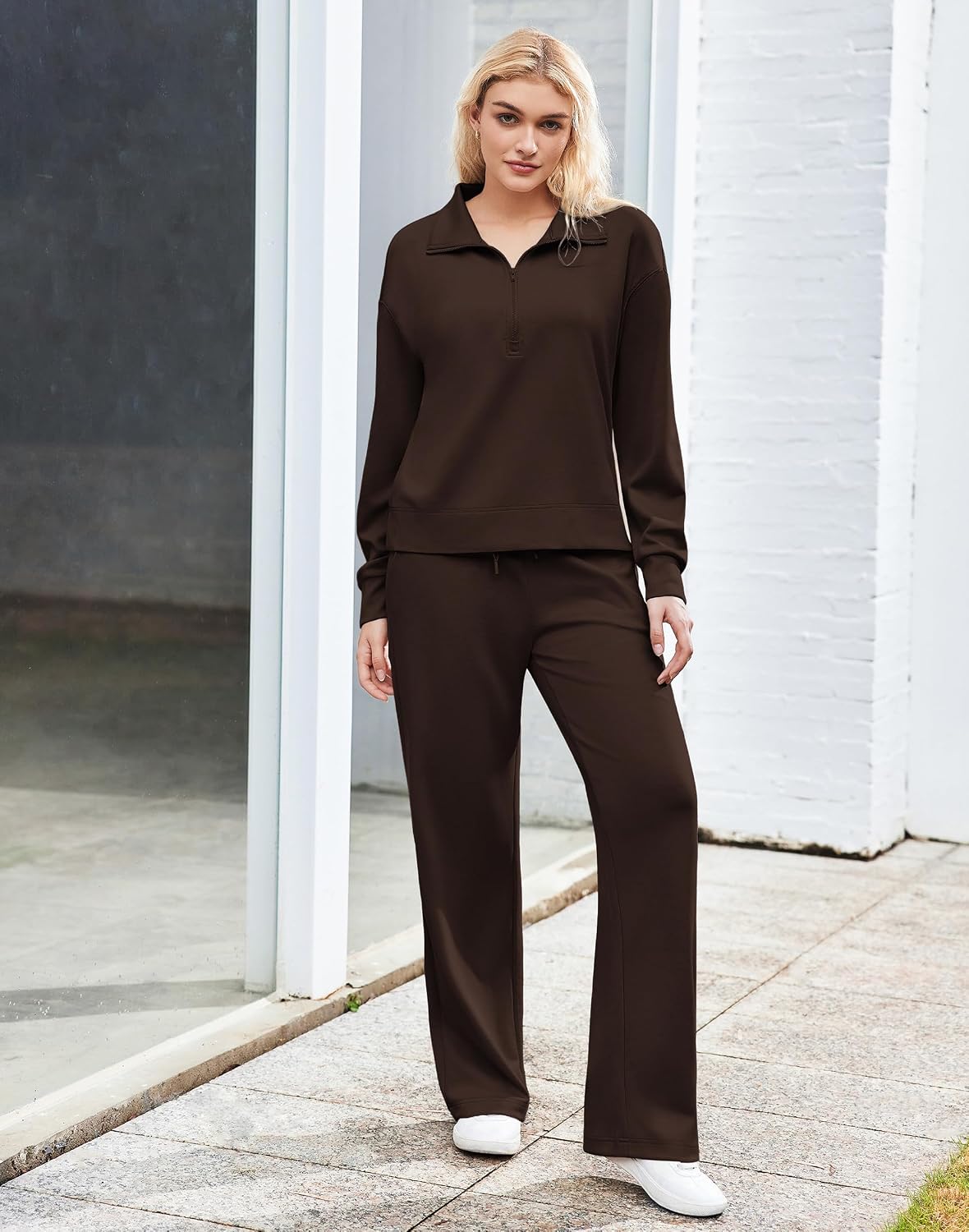 Detalle de PINSPARK Women's 2-Piece Sweatsuit with Half-Zip, Straight-Leg Pants and Pockets