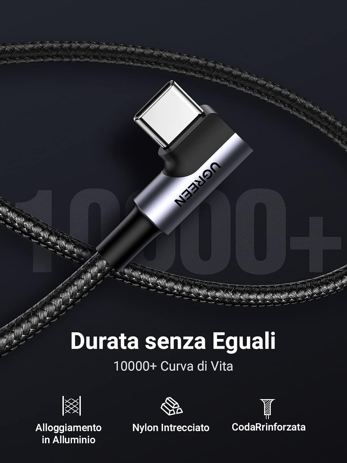 Thumbnail 6 de UGREEN Cavo USB-C 90 gradi 3A in nylon da 2 m (USB-A a USB-C) con ricarica rapida QC 3.0