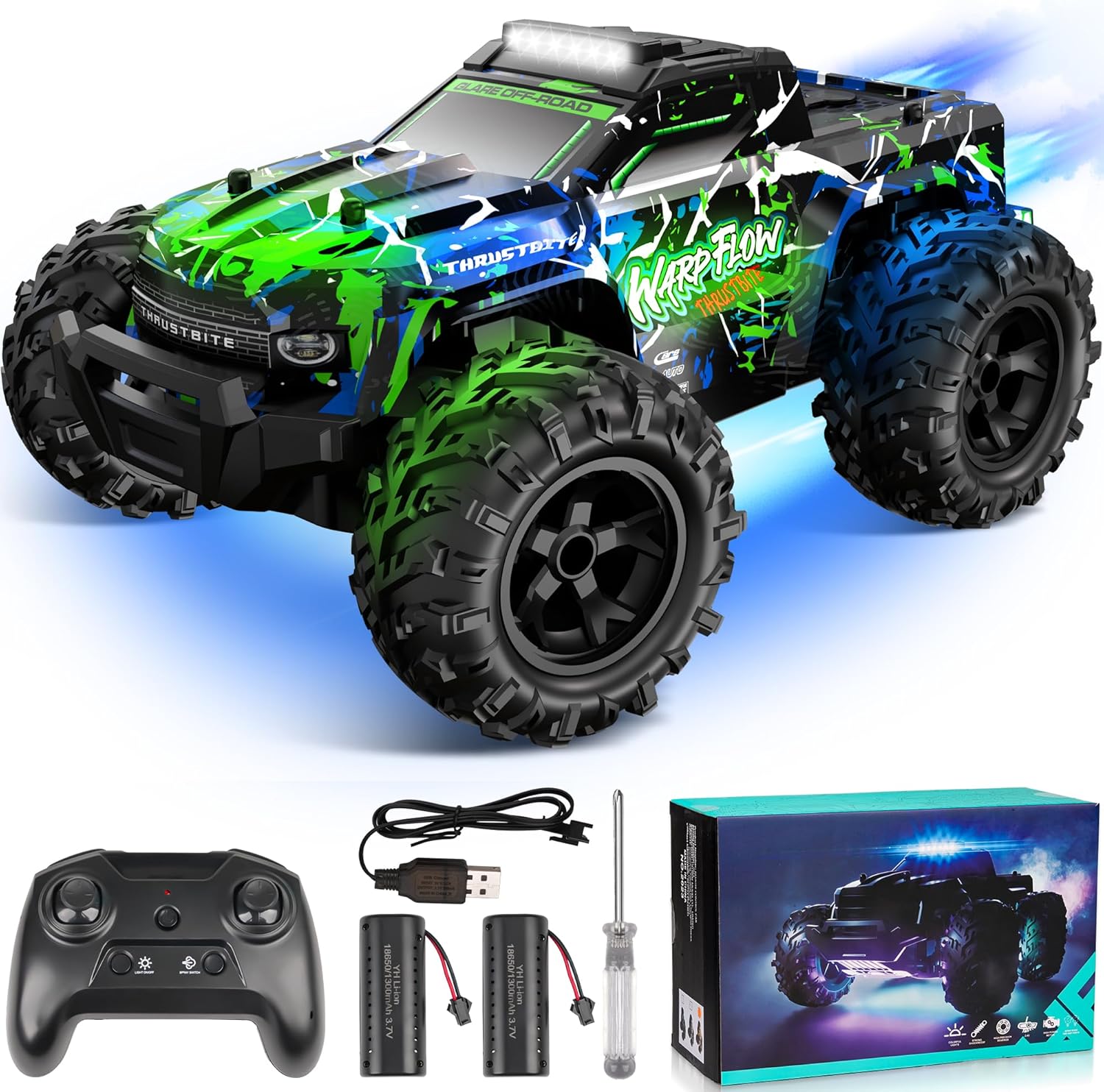 BAZADER Voiture Télécommandée Tout Terrain 1:18 – 2 Batteries, LED, Brumisateur et 2,4 GHz