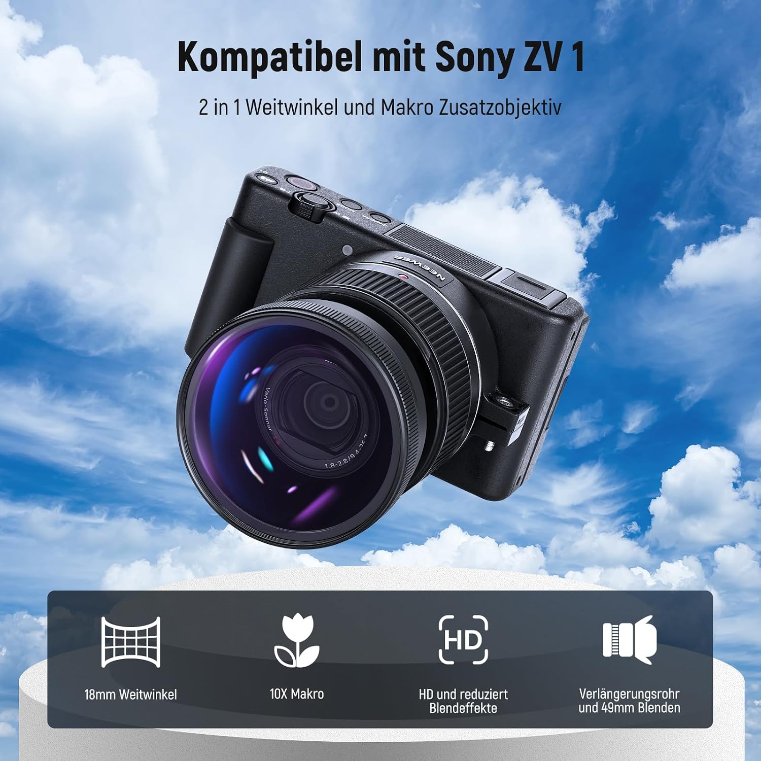 Thumbnail 1 de NEEWER Weitwinkelobjektiv 18 mm + 10x Makro für Sony ZV1 – Set mit Verlängerungsrohr