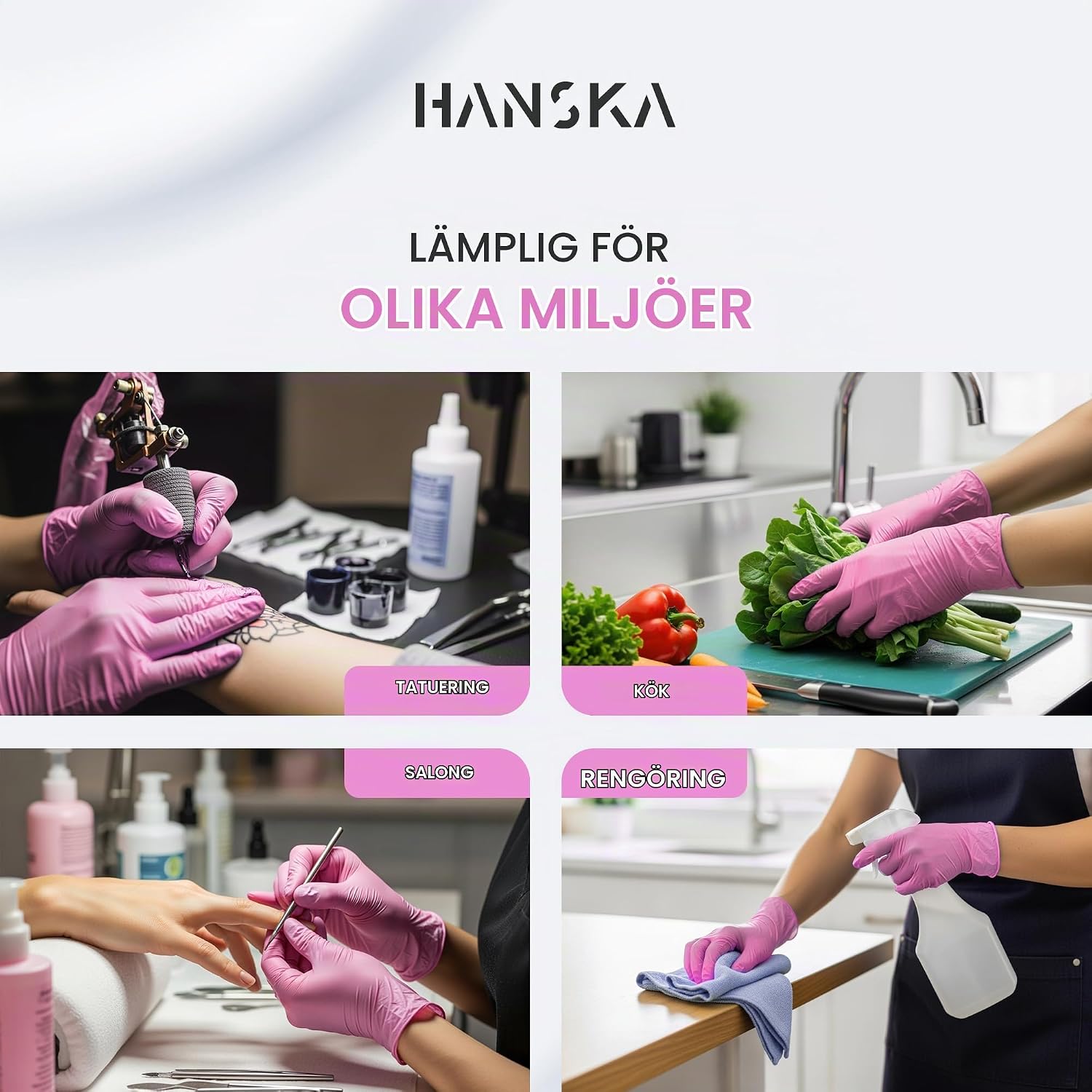 Detalle 2 de HANSKA 100 rosa nitrilhandskar för engångsbruk, puderfria, storlek S
