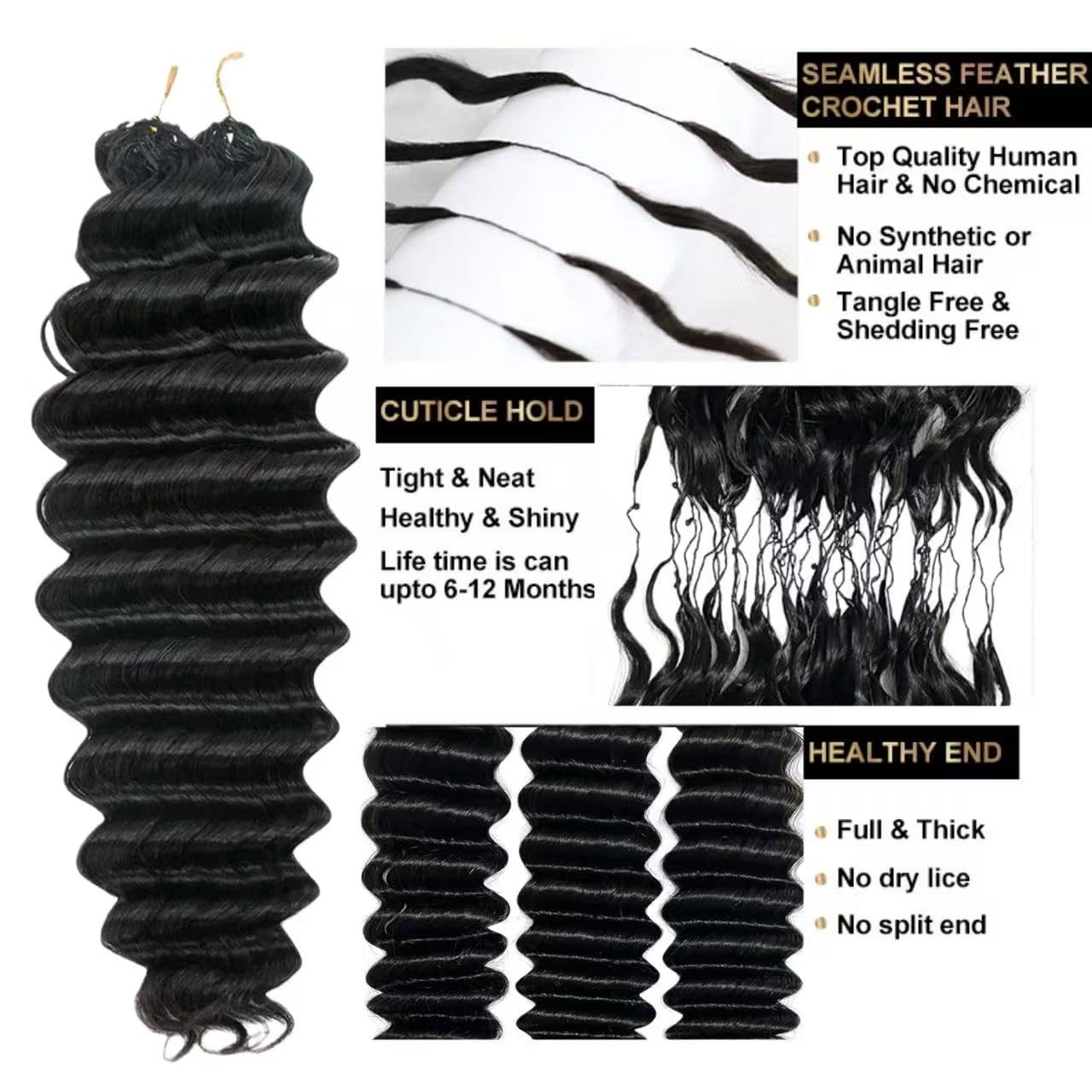Thumbnail 2 de Limited Beauty Deep Wave Crochet Human Hair Extensions (2 Packs, 120g) – 22inch, Knotless & Pre-Separated