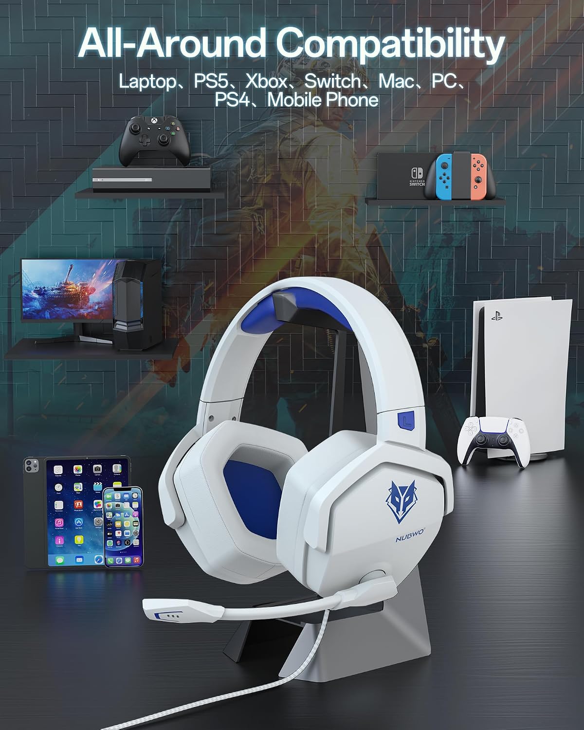 Thumbnail 6 de NUBWO N16 Wired Gaming Headset with Microphone for Xbox, PS5, PS4, PC, Switch & Mac (3.5mm) – White Blue