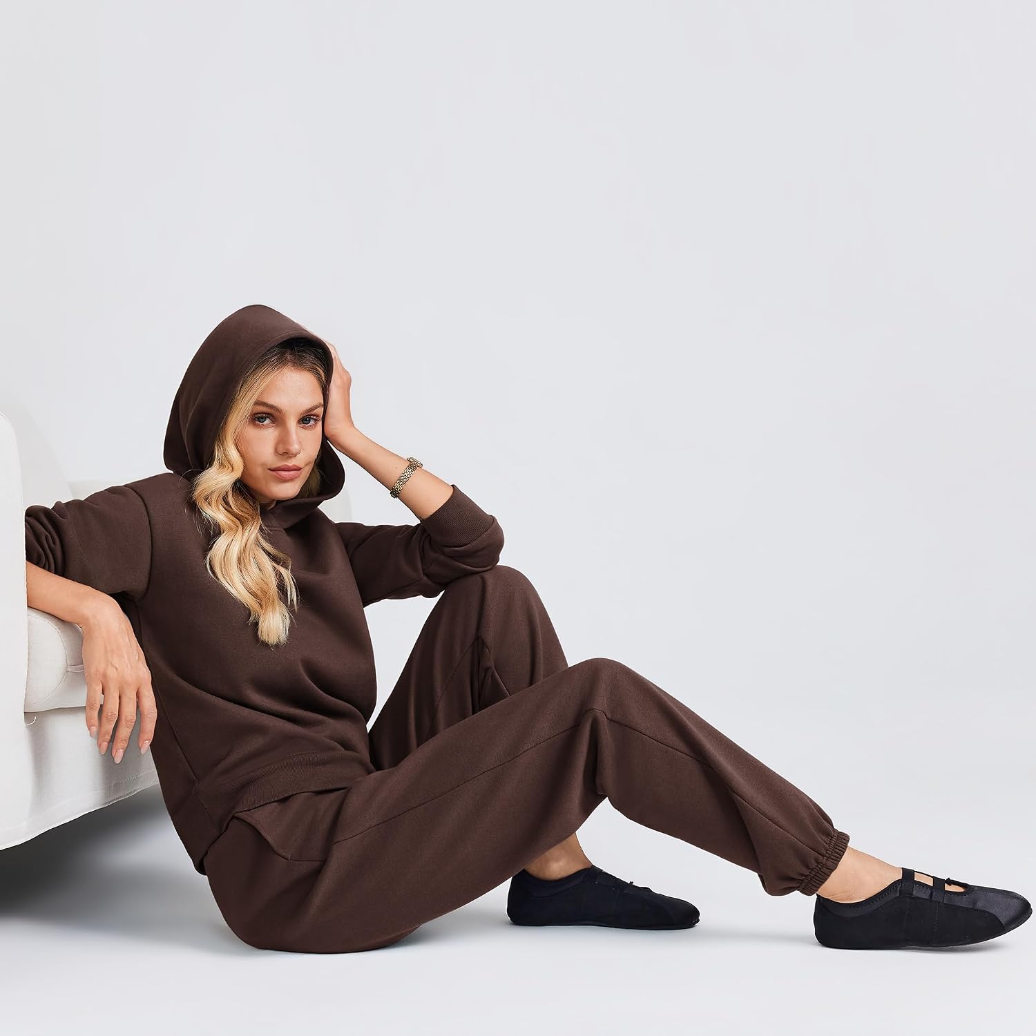 Detalle de PINSPARK Women's Fleece Lounge Set with Drop-Shoulder Hoodie and Joggers