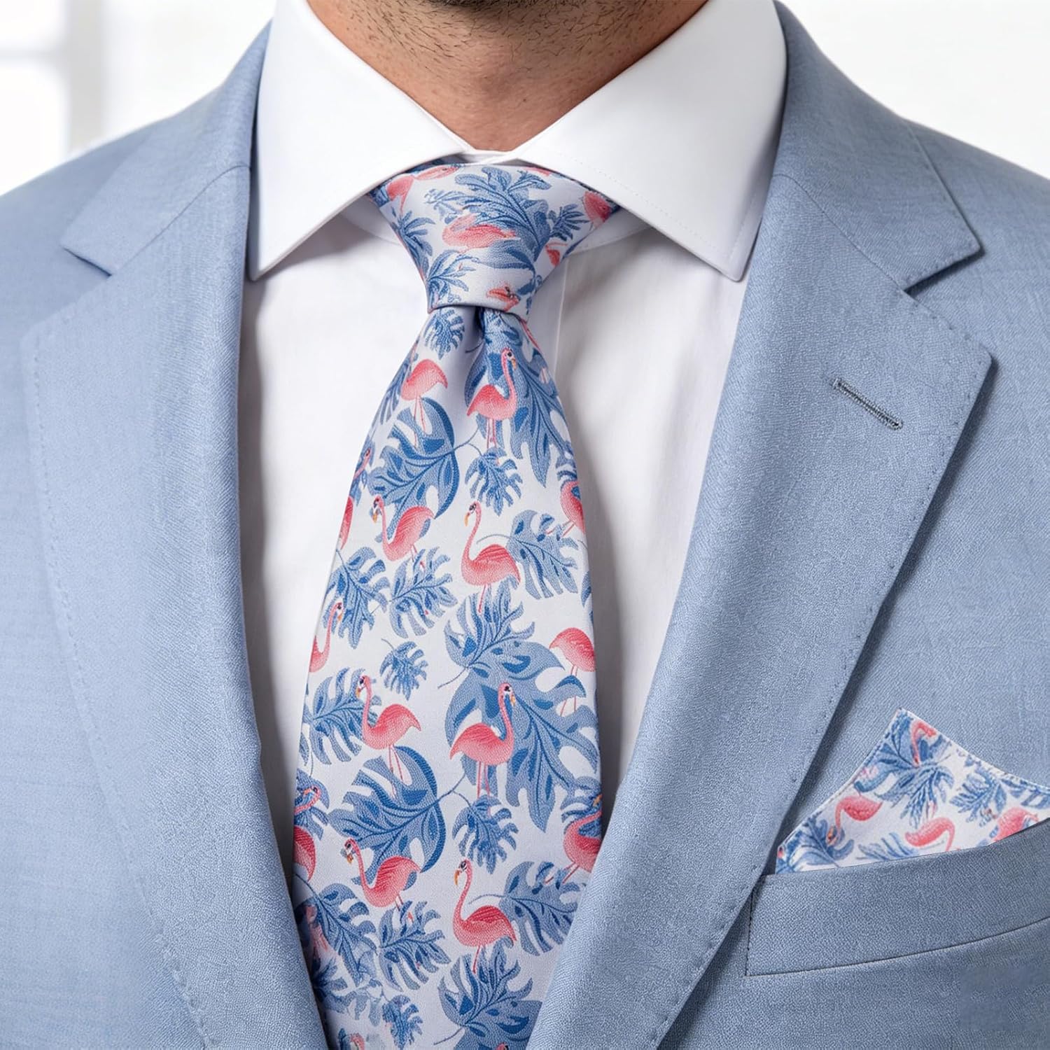 Detalle de Alizeal Mens Floral Tropical Flamingo Pattern Tie and Pocket Square Set